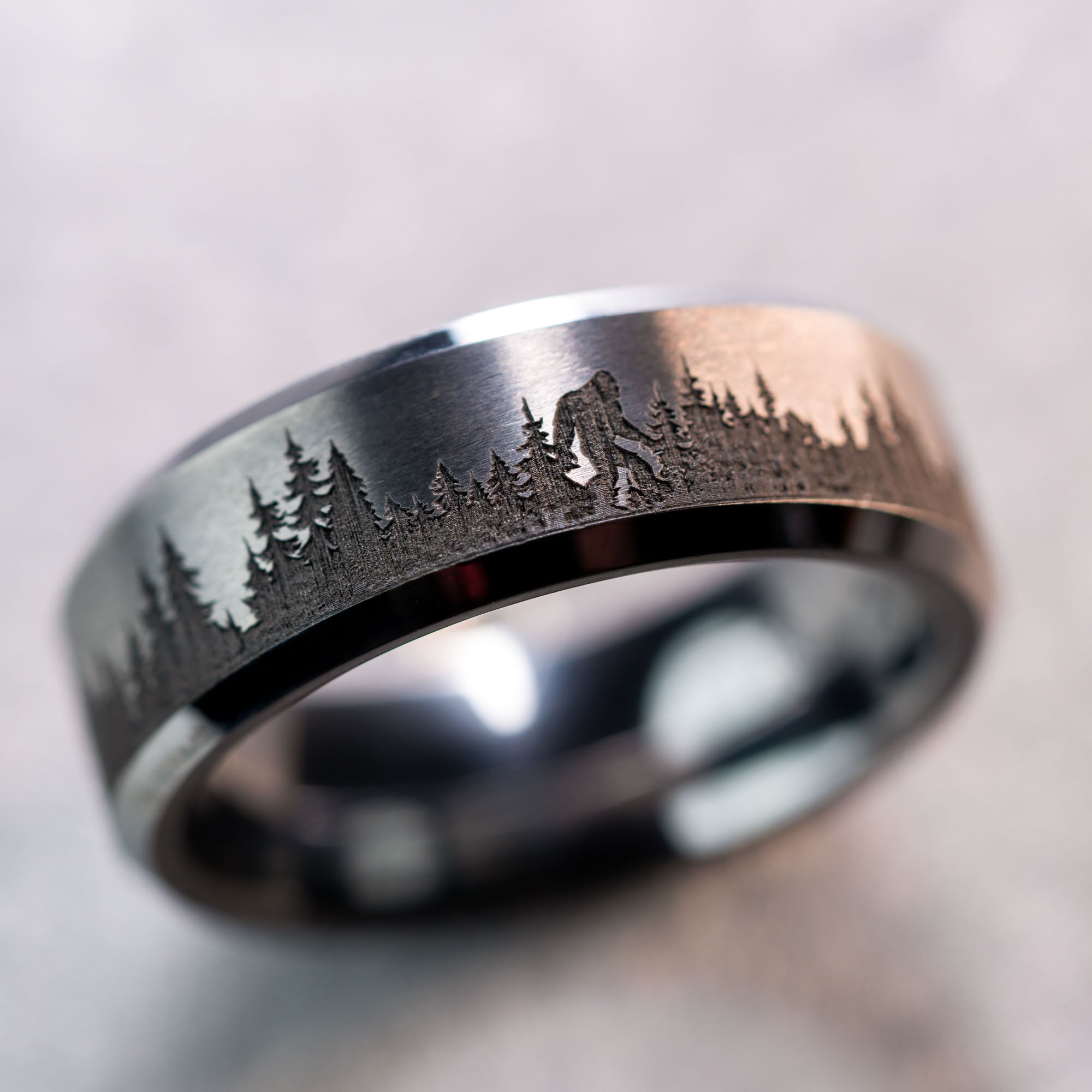 Beveled Tungsten Engraved Sasquatch Sighting Ring