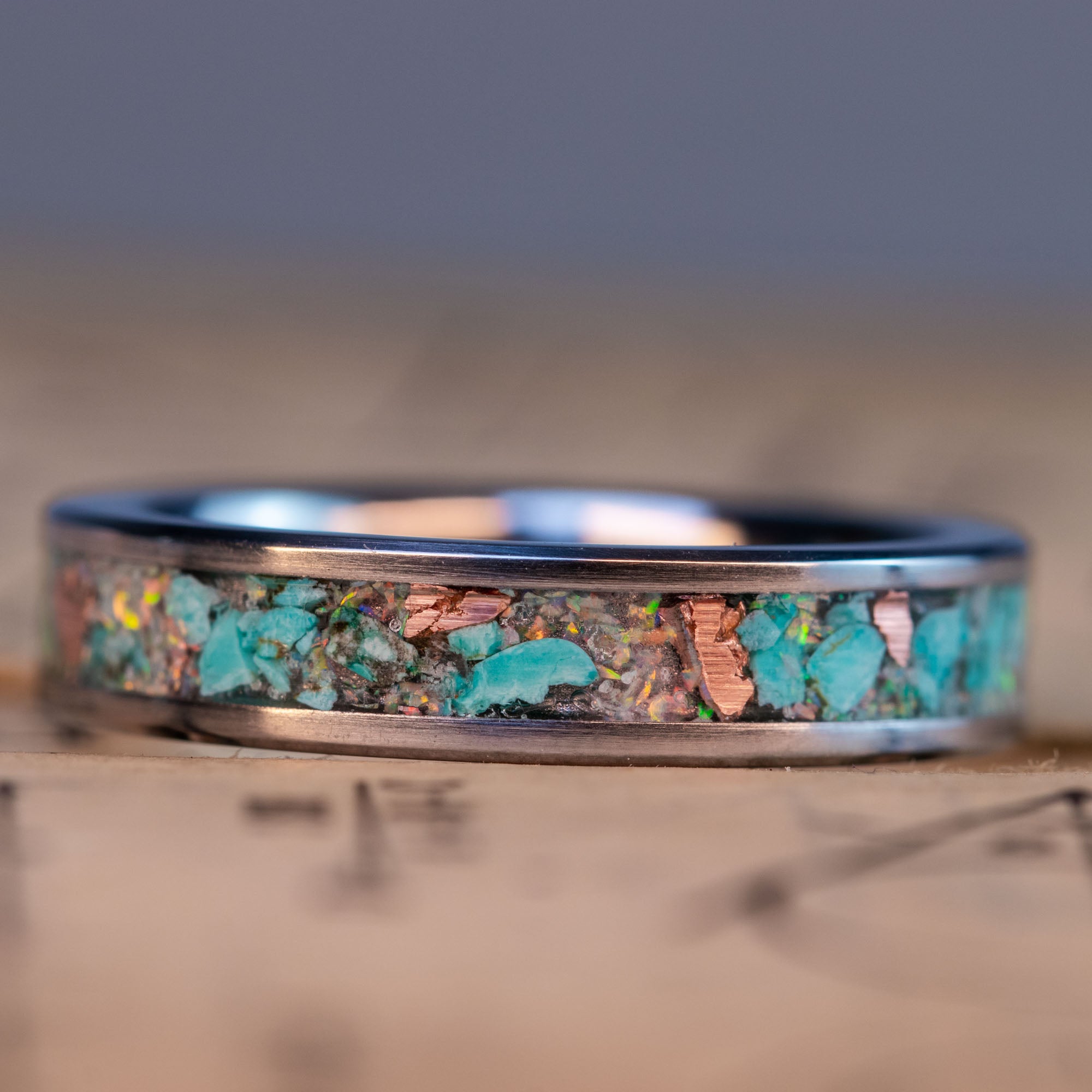 Titanium Turquoise Copper & White Opal Inlay Ring