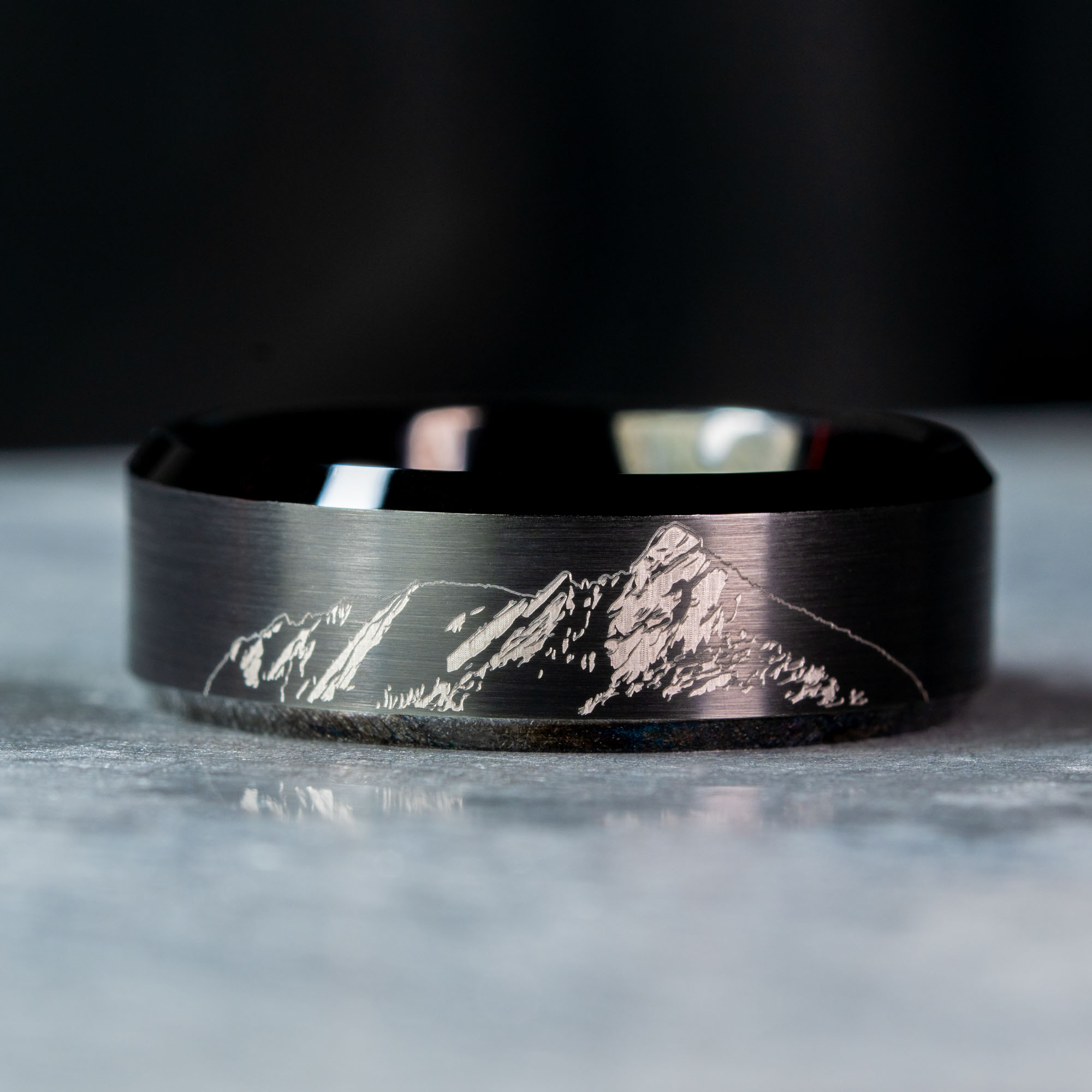 Black Beveled Tungsten Engraved Boulder Flatirons Ring