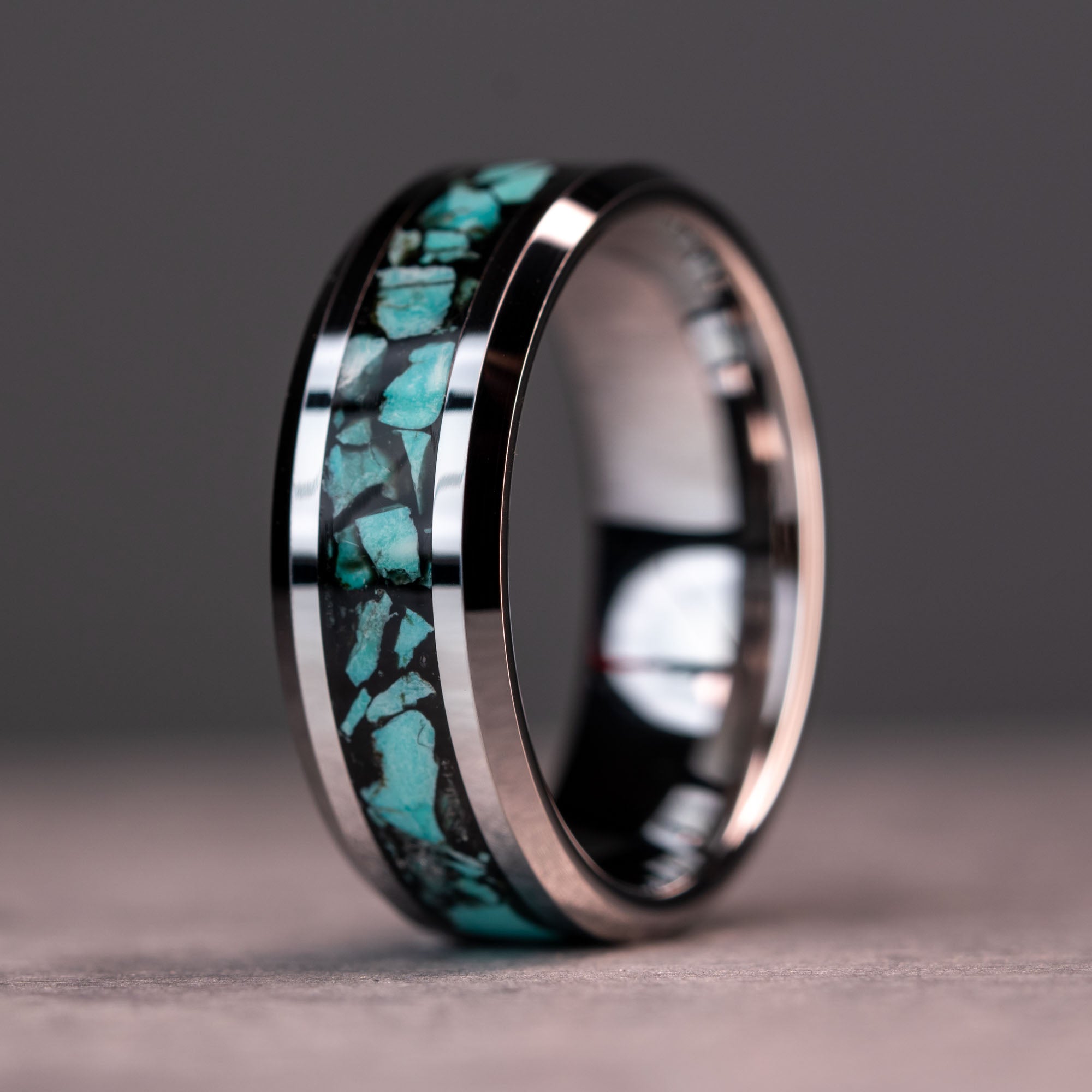 Beveled Tungsten Black Turquoise Inlay Ring