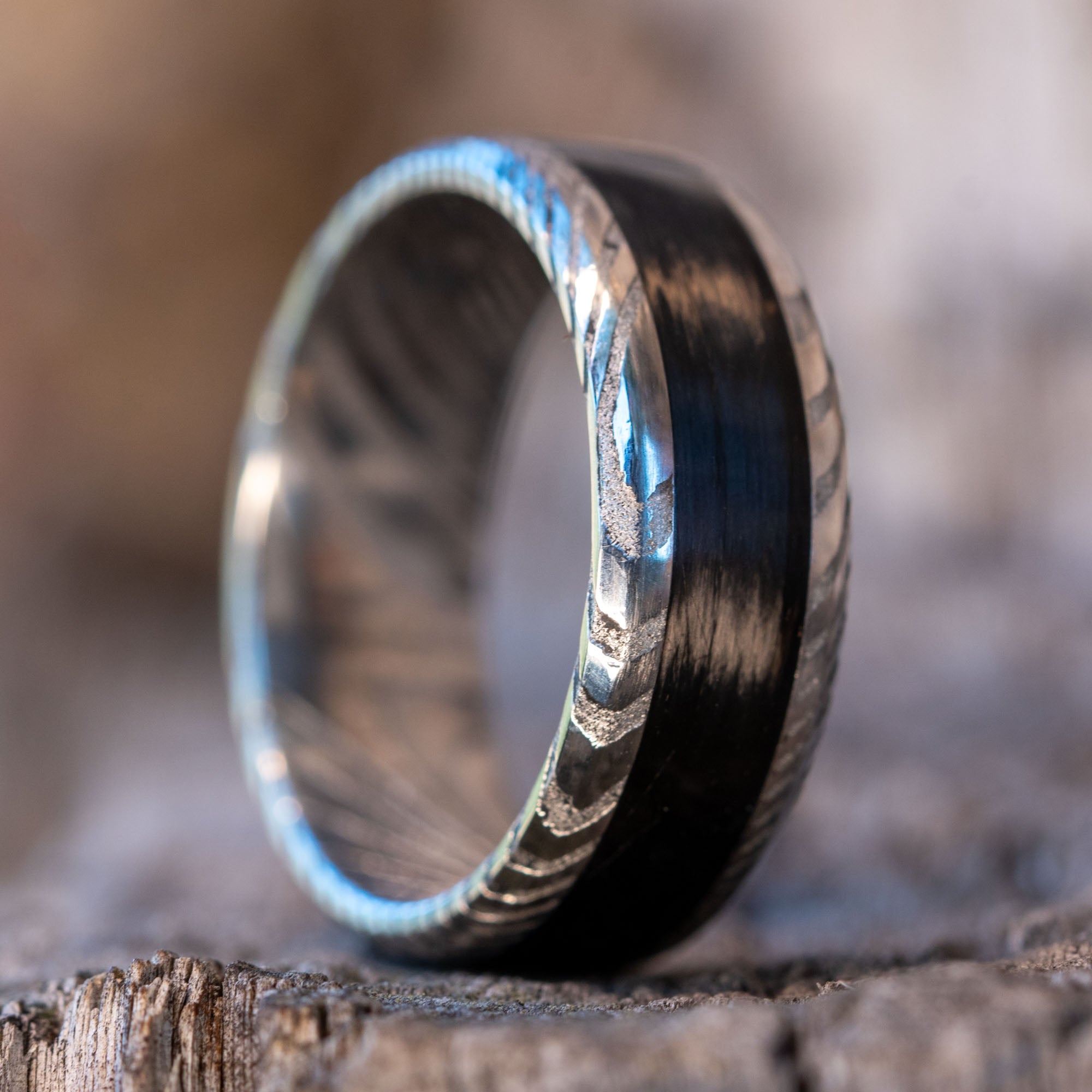 Stainless Damascus Carbon Fiber Inlay Ring