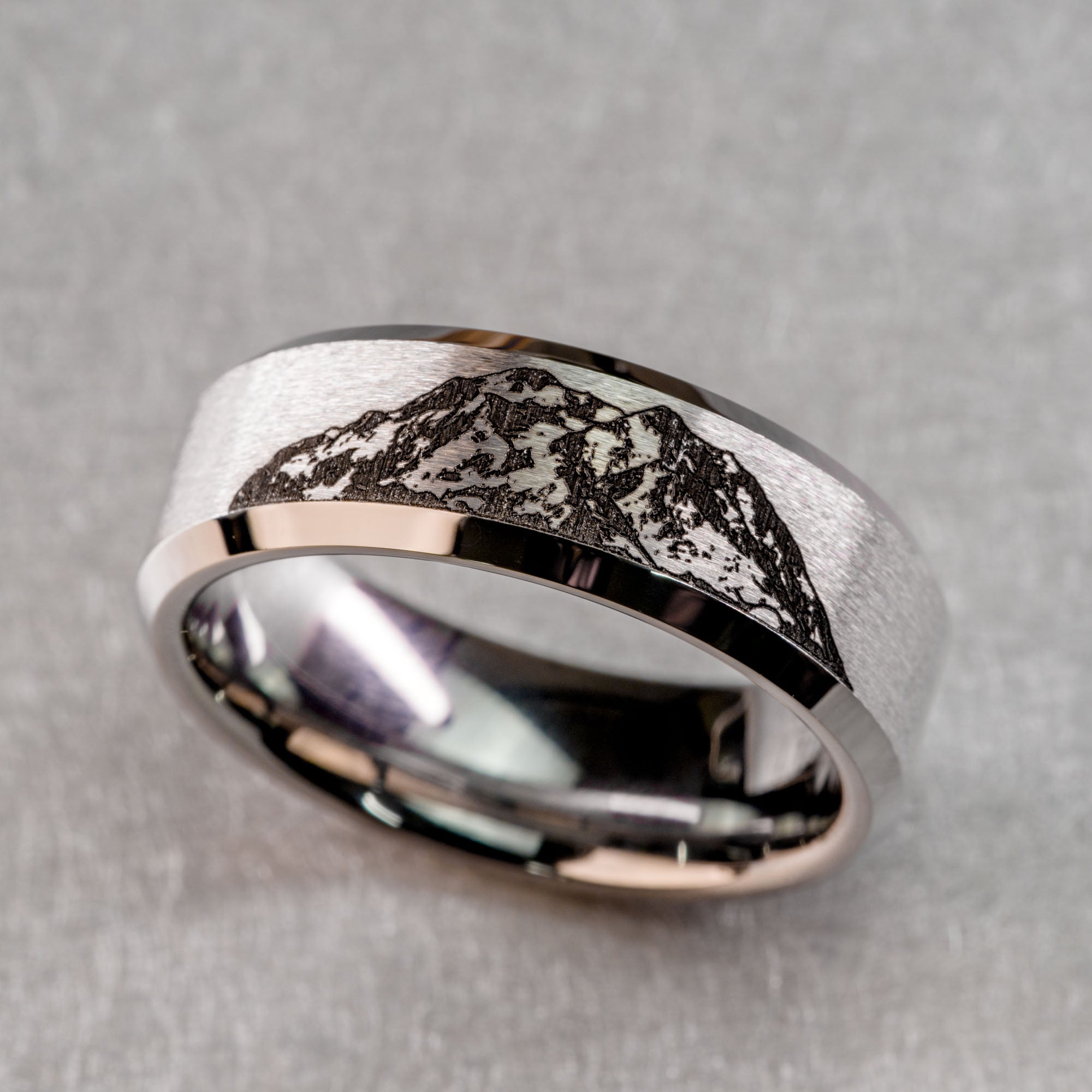 Beveled Tungsten Engraved Denali Alaska Ring
