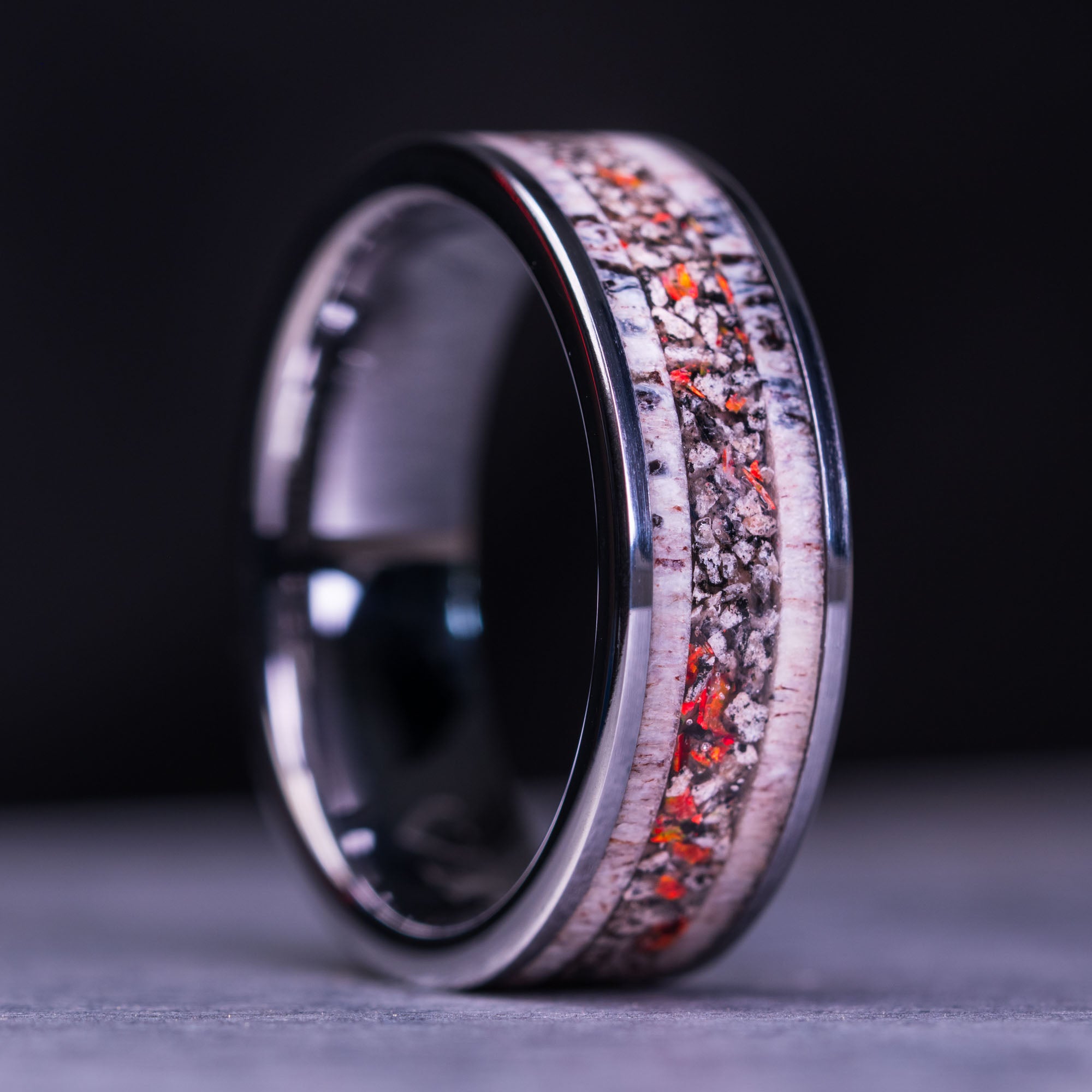 Tungsten Elk Antler Yooper Glow & Fire Opal Inlay Ring