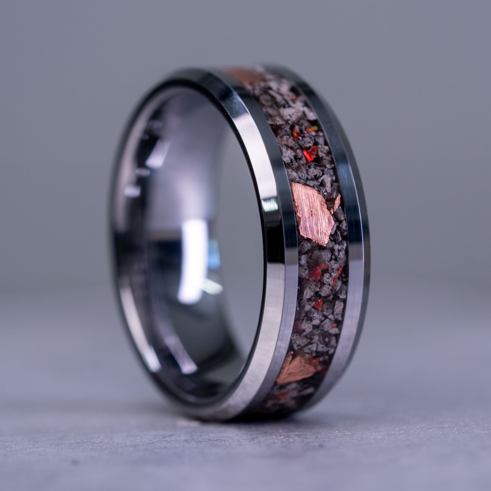 Beveled Tungsten Fire Opal Yooper Glow & Copper Inlay Ring