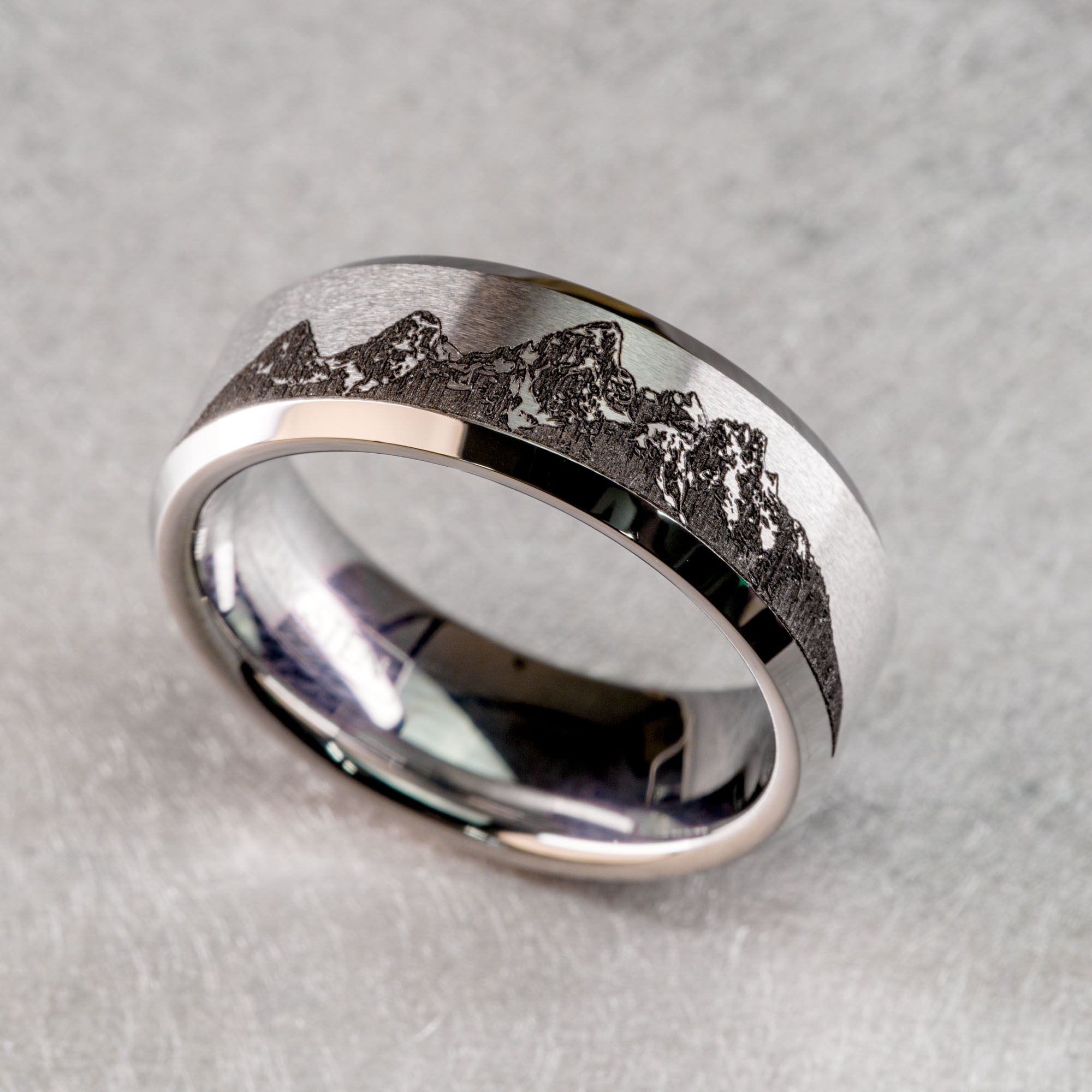 Beveled Tungsten Engraved Grand Tetons Ring