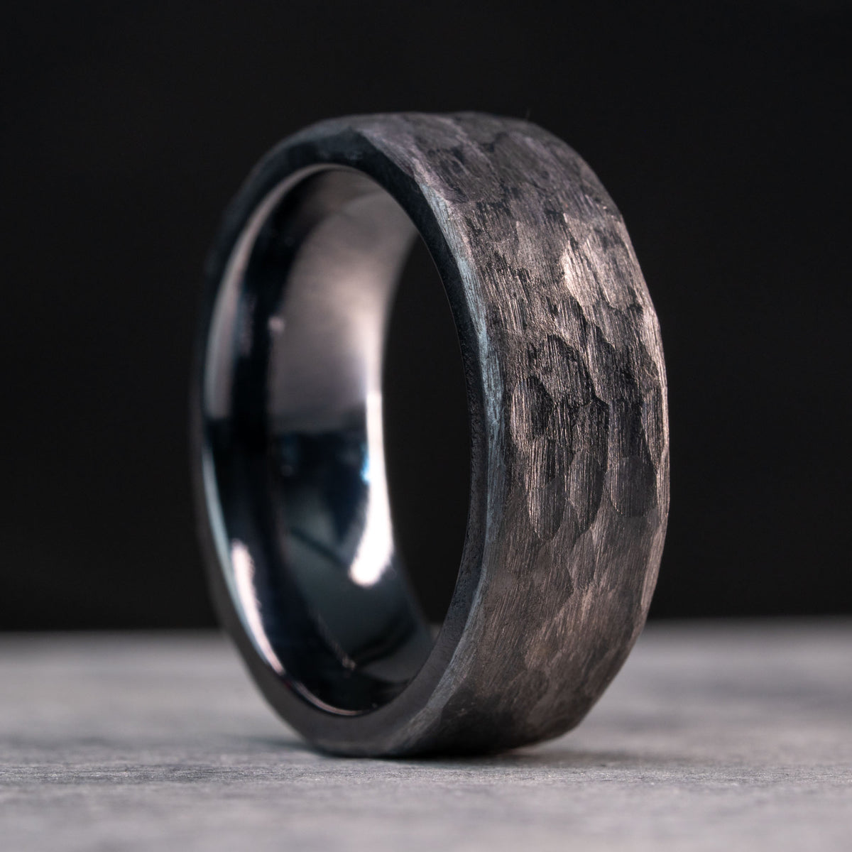 Titanium Graphite Ring Black Hammered Titanium Ring | Honest Hands Ring Co