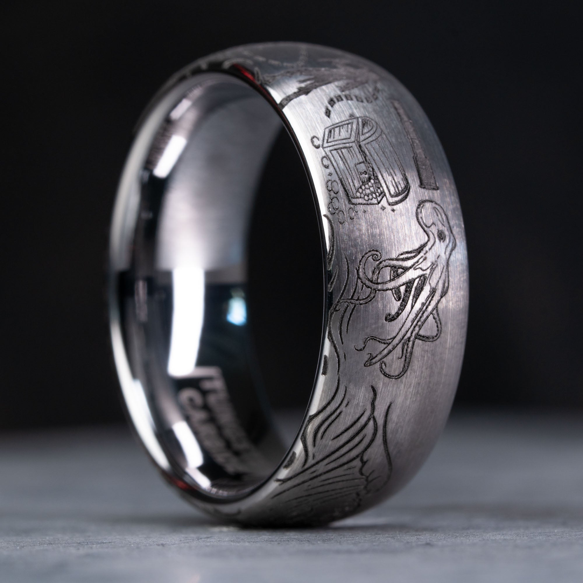 Domed Tungsten Engraved High Seas Adventure Ring | Honest Hands