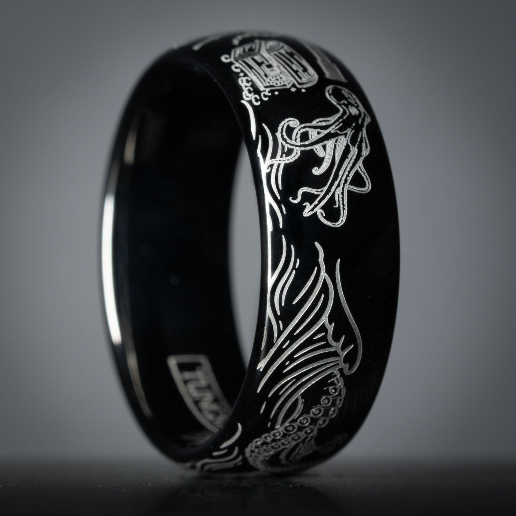 Black Domed Tungsten Engraved High Seas Adventure Ring