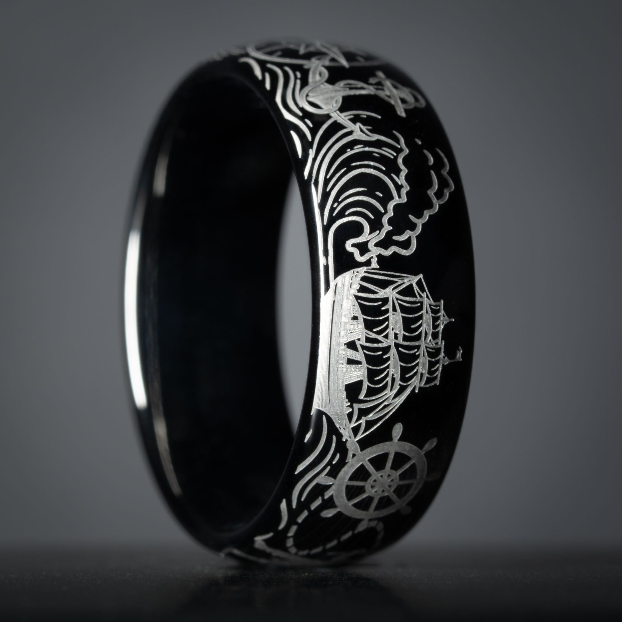 Black Domed Tungsten Engraved High Seas Adventure Ring