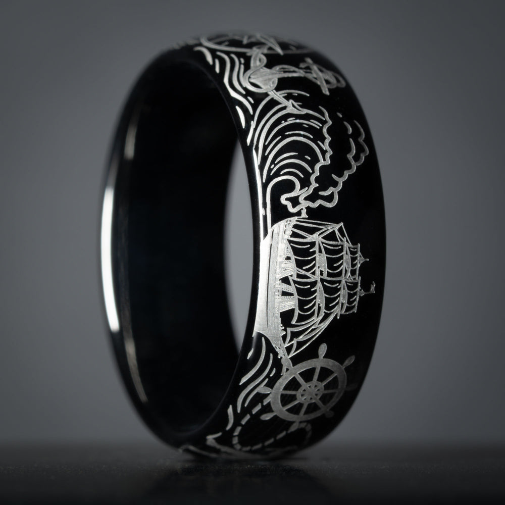 Black Domed Tungsten Engraved High Seas Adventure Ring | Honest Hands ...