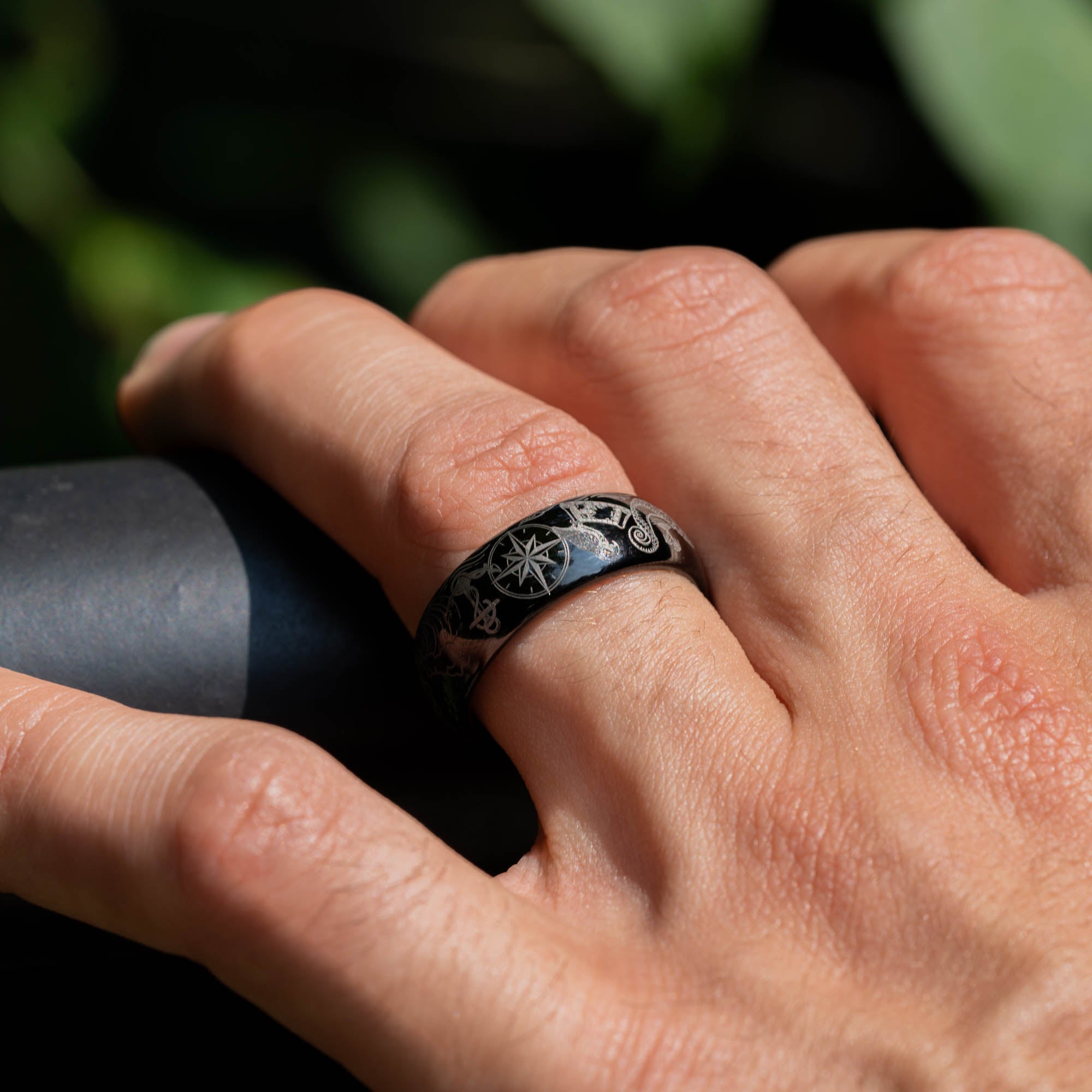 Black Domed Tungsten Engraved High Seas Adventure Ring