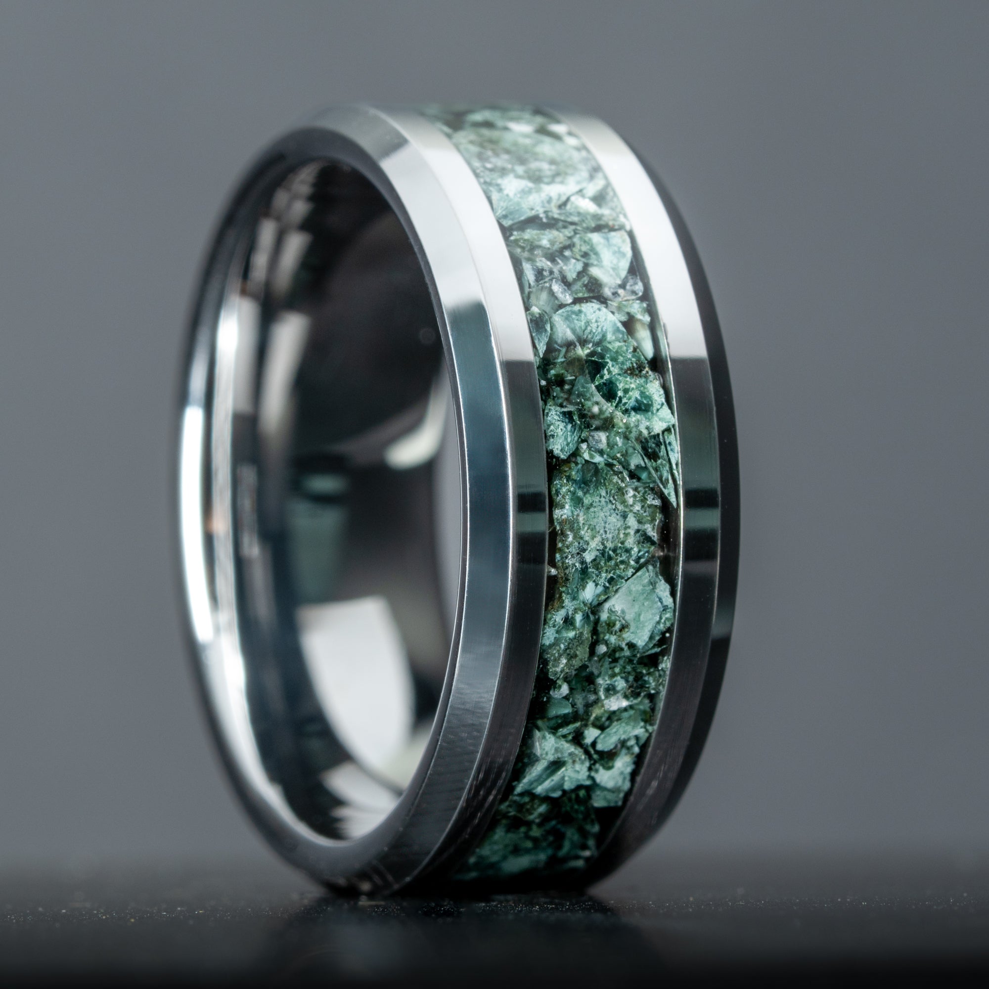 Beveled Tungsten Isle Royale Greenstone Inlay Ring