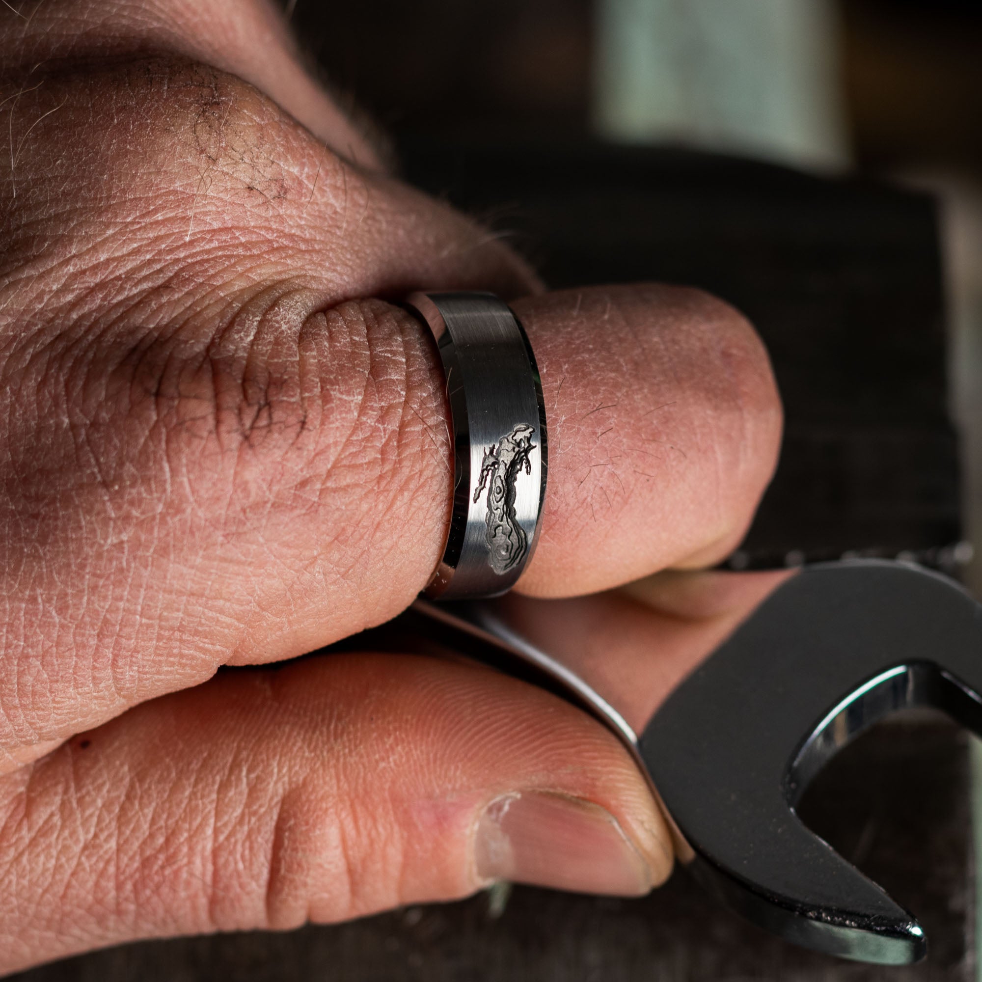 Beveled Tungsten Deep Engraved Lake Michigan Depths Ring | Honest