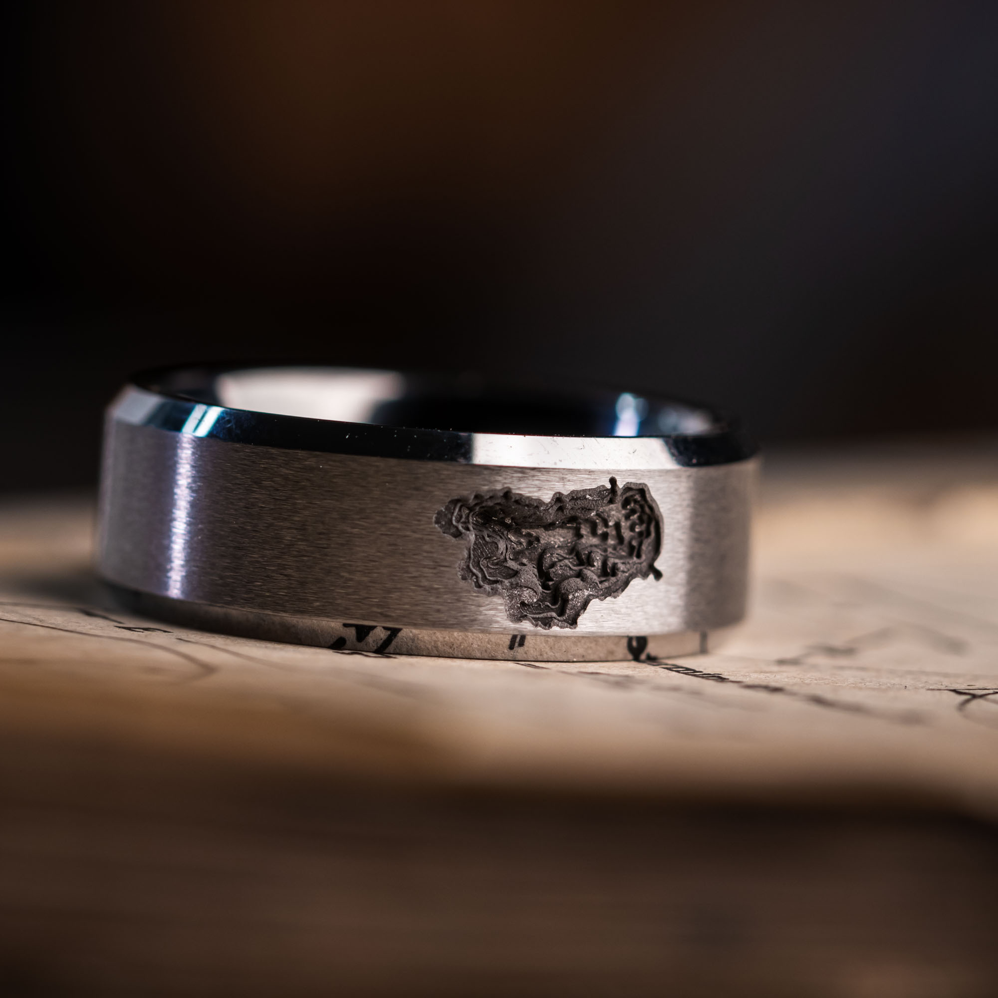 Beveled Tungsten Deep Engraved Lake Tahoe Depths Ring