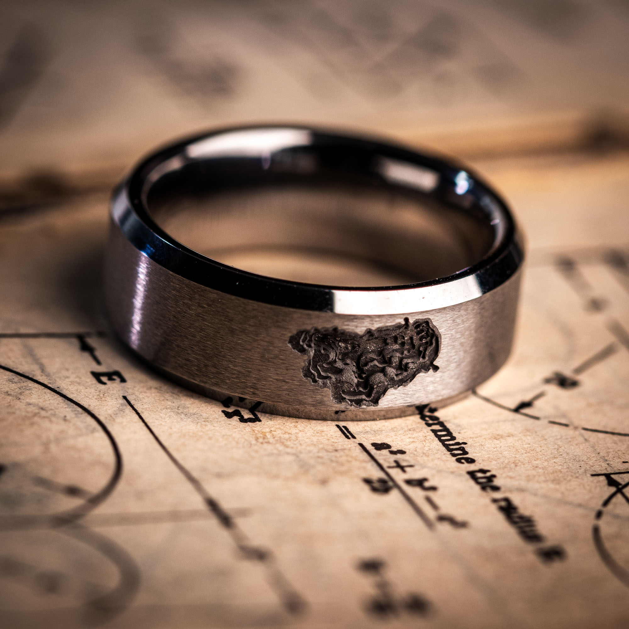 Beveled Tungsten Deep Engraved Lake Tahoe Depths Ring