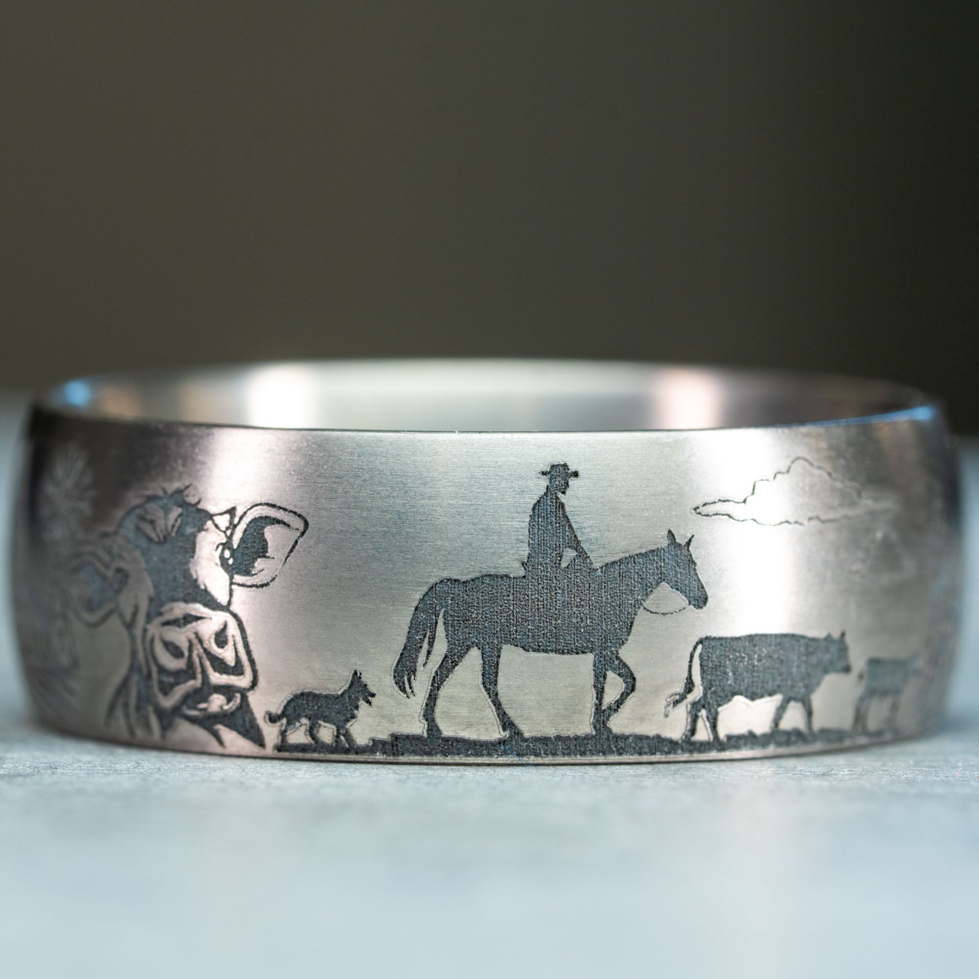 Domed Titanium Engraved Farm Life Ring