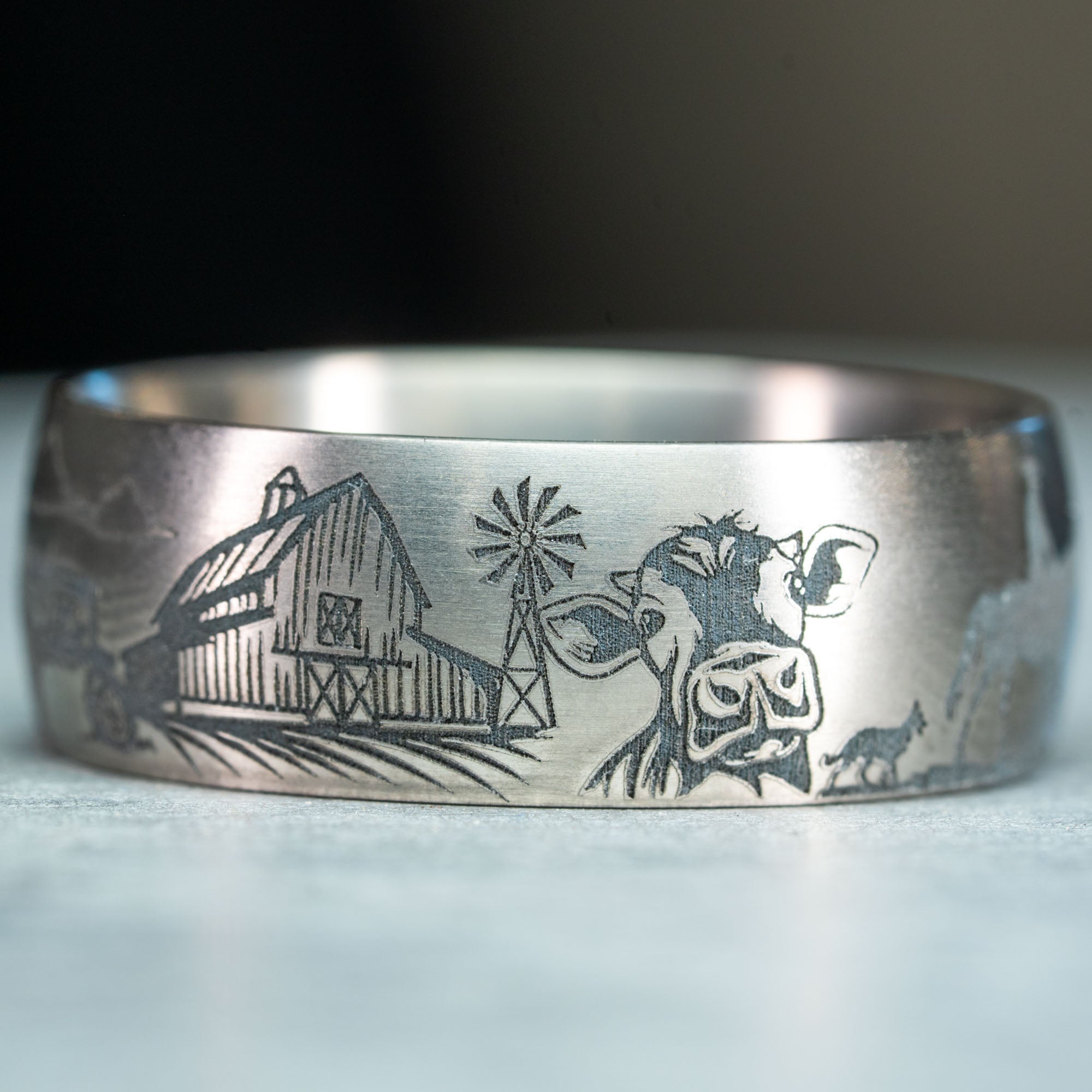 Domed Titanium Engraved Farm Life Ring