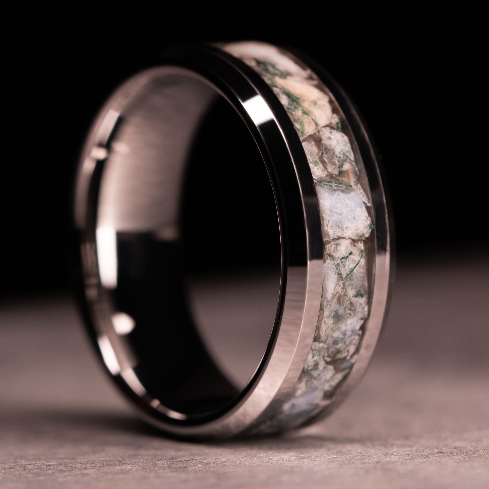 Beveled Tungsten Moss Agate Inlay Ring