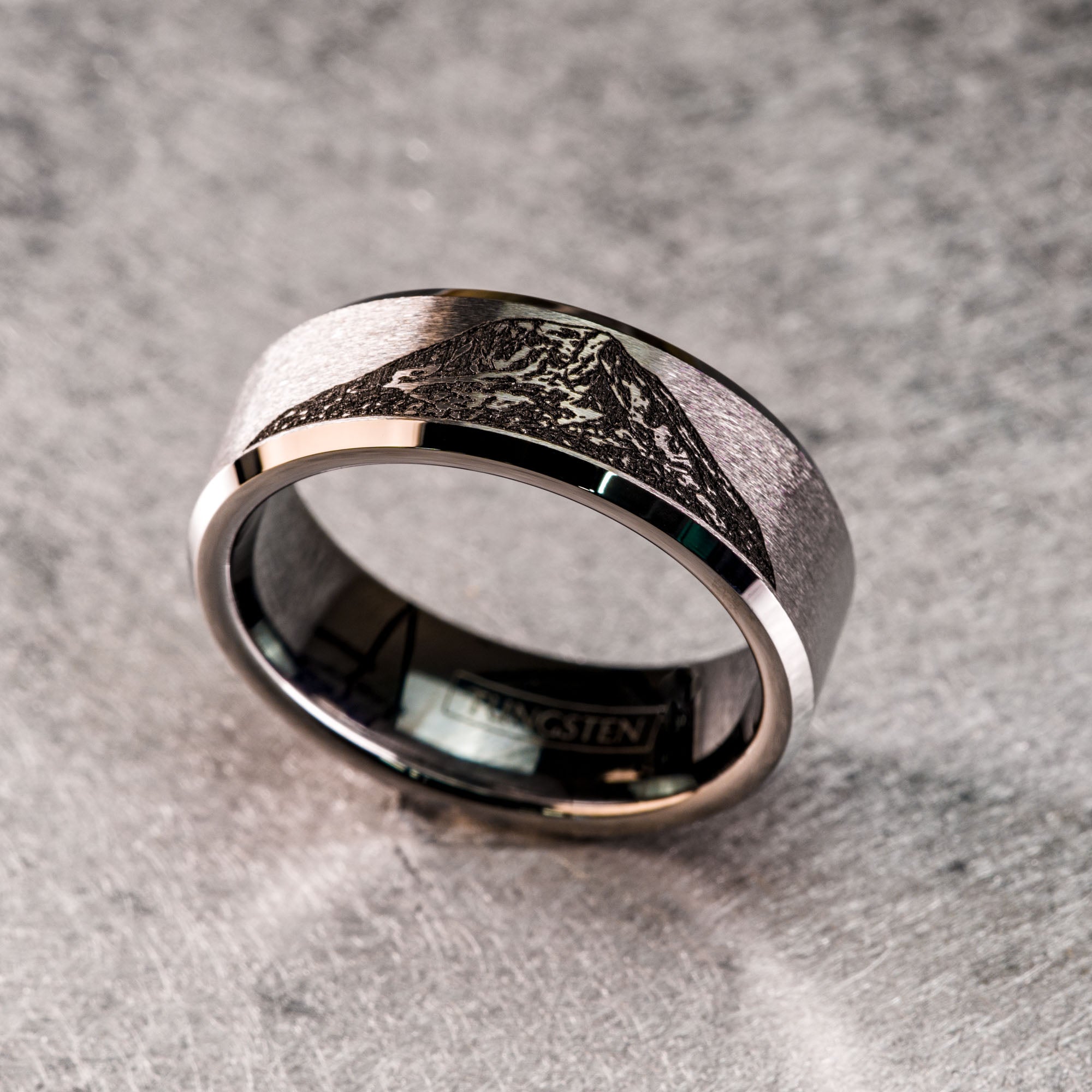 Beveled Tungsten Engraved Mount Adams Ring | Honest Hands Ring Co