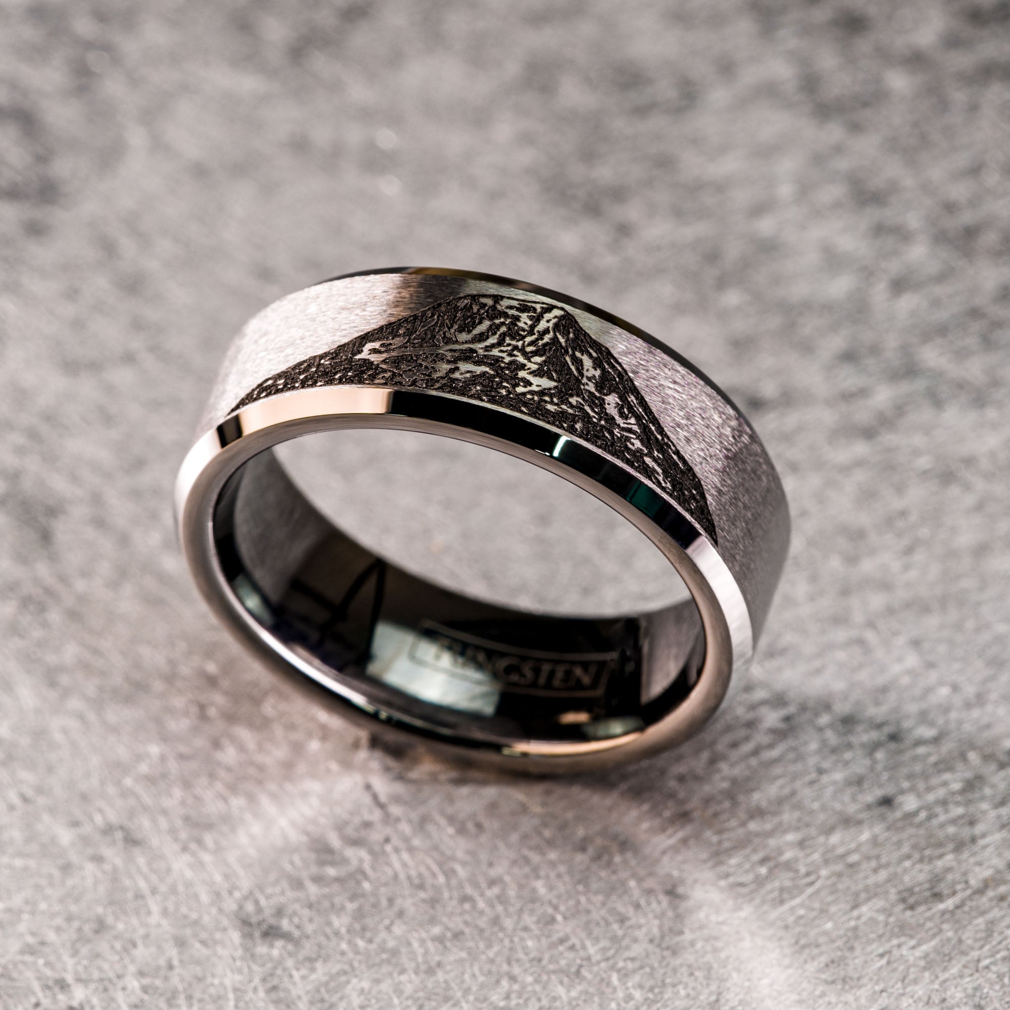 Beveled Tungsten Engraved Mount Adams Ring