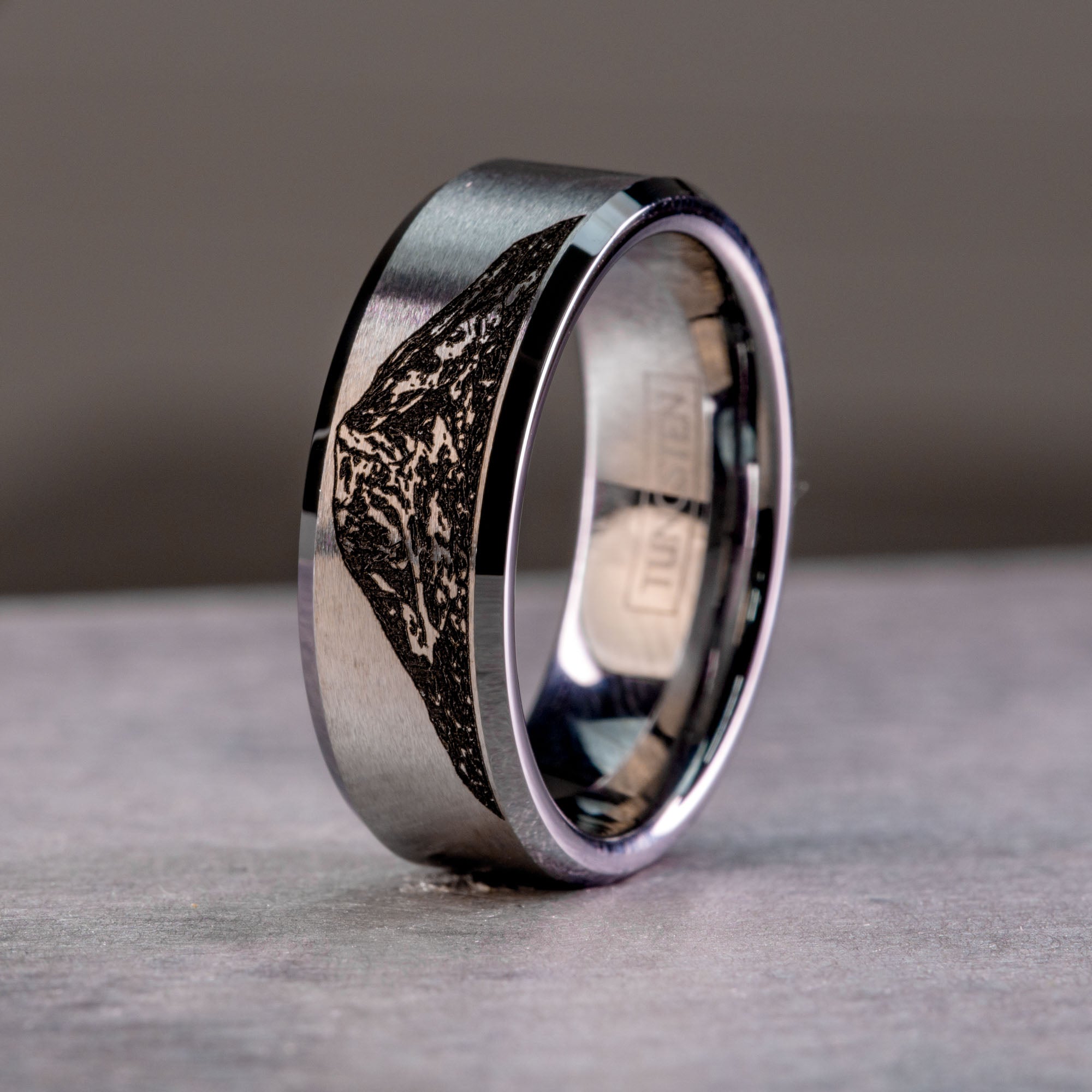 Beveled Tungsten Engraved Mount Adams Ring