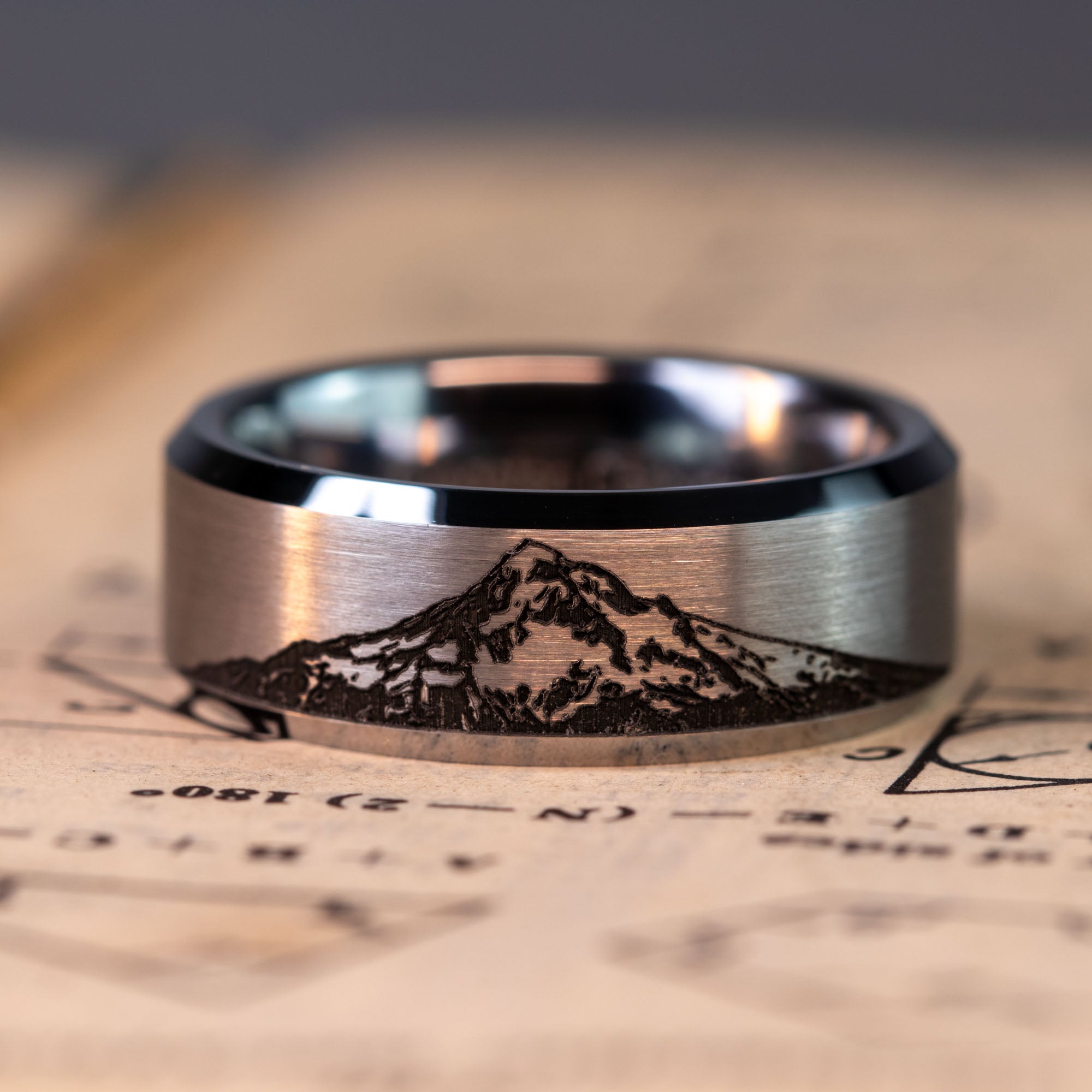 Beveled Tungsten Engraved Mt. Hood Ring | Honest Hands Ring Co