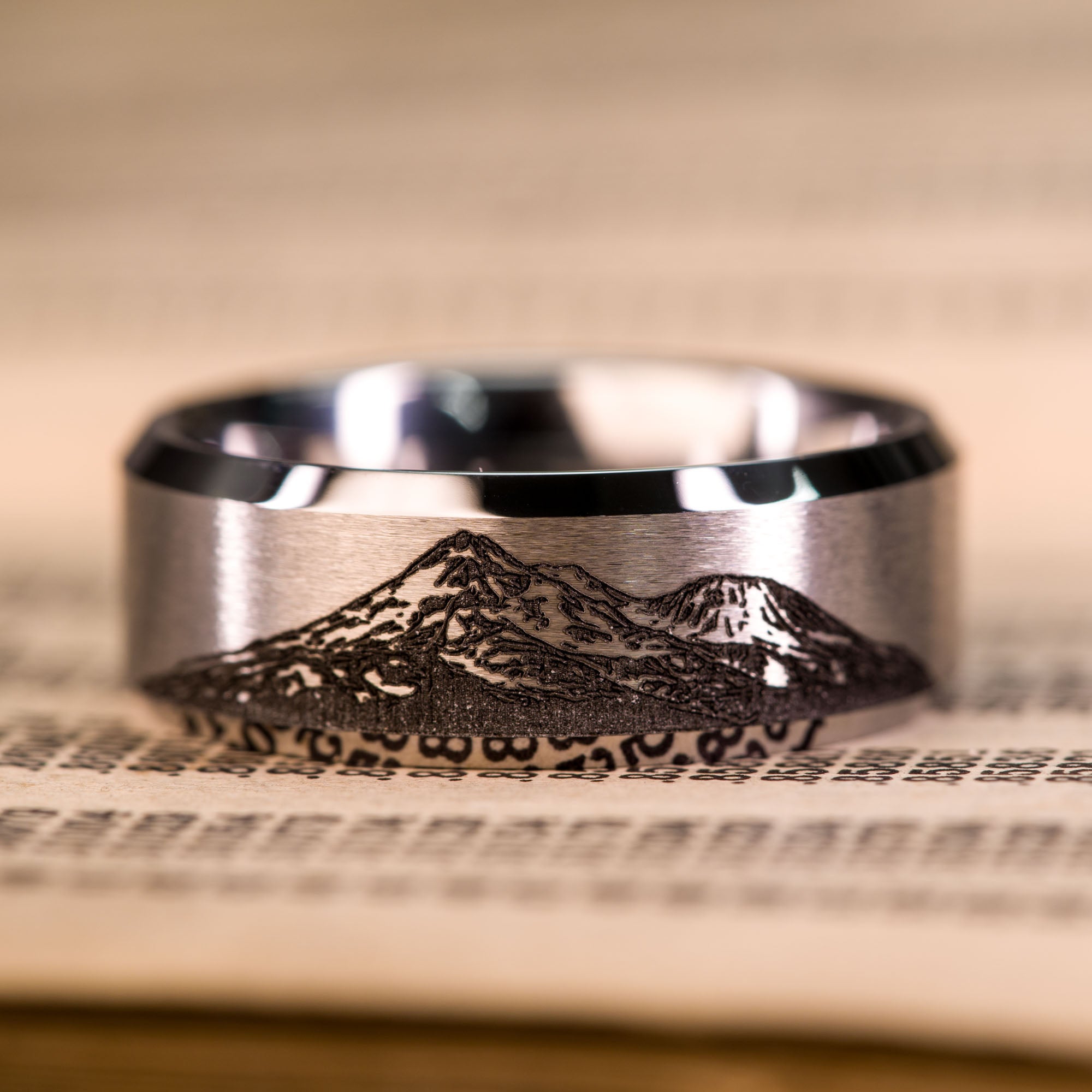 Beveled Tungsten Engraved Mt. Shasta Ring