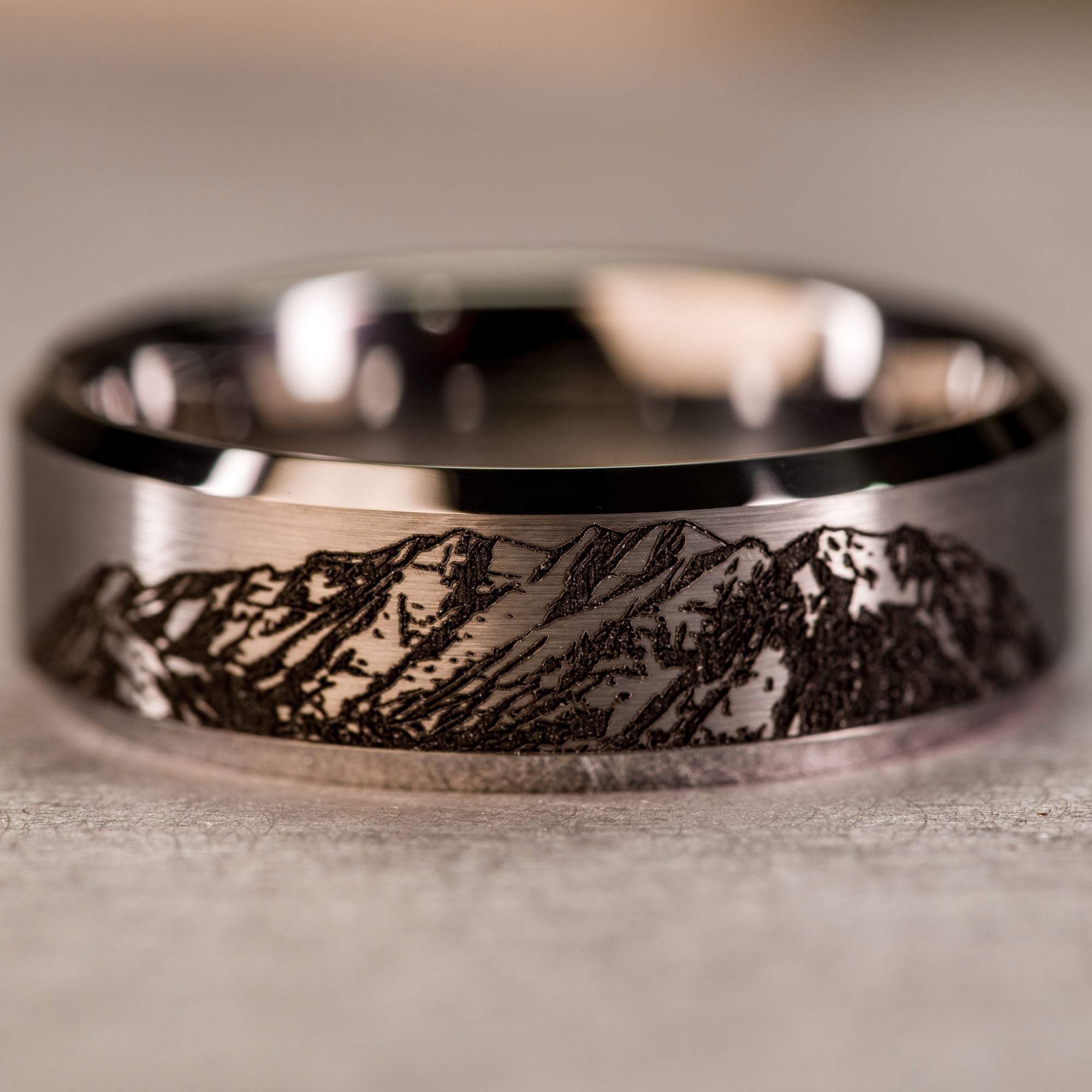 Beveled Tungsten Engraved Mount Timpanogos Ring