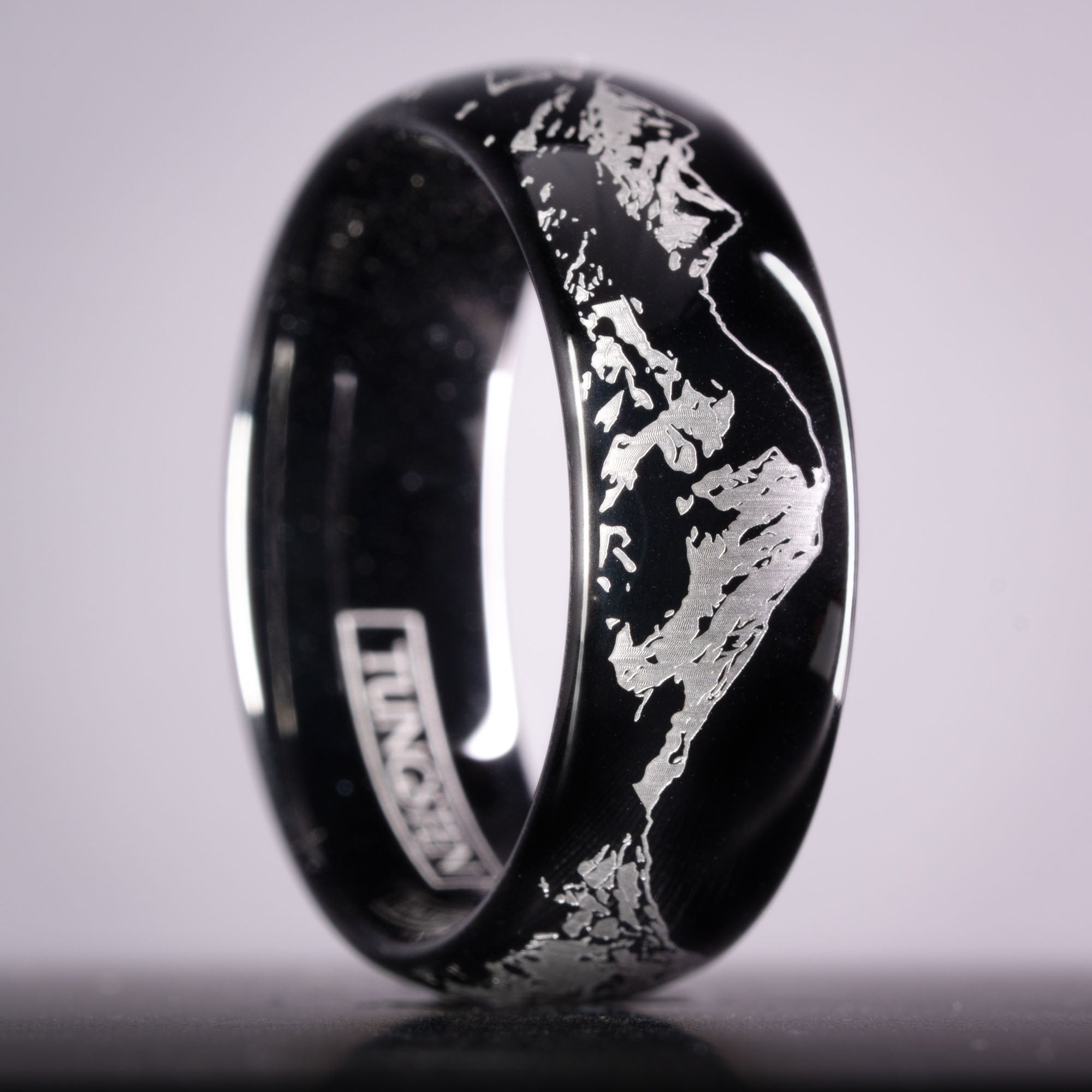 Black Domed Tungsten Engraved Cascade Range | Pacific Northwest Mountain Ring