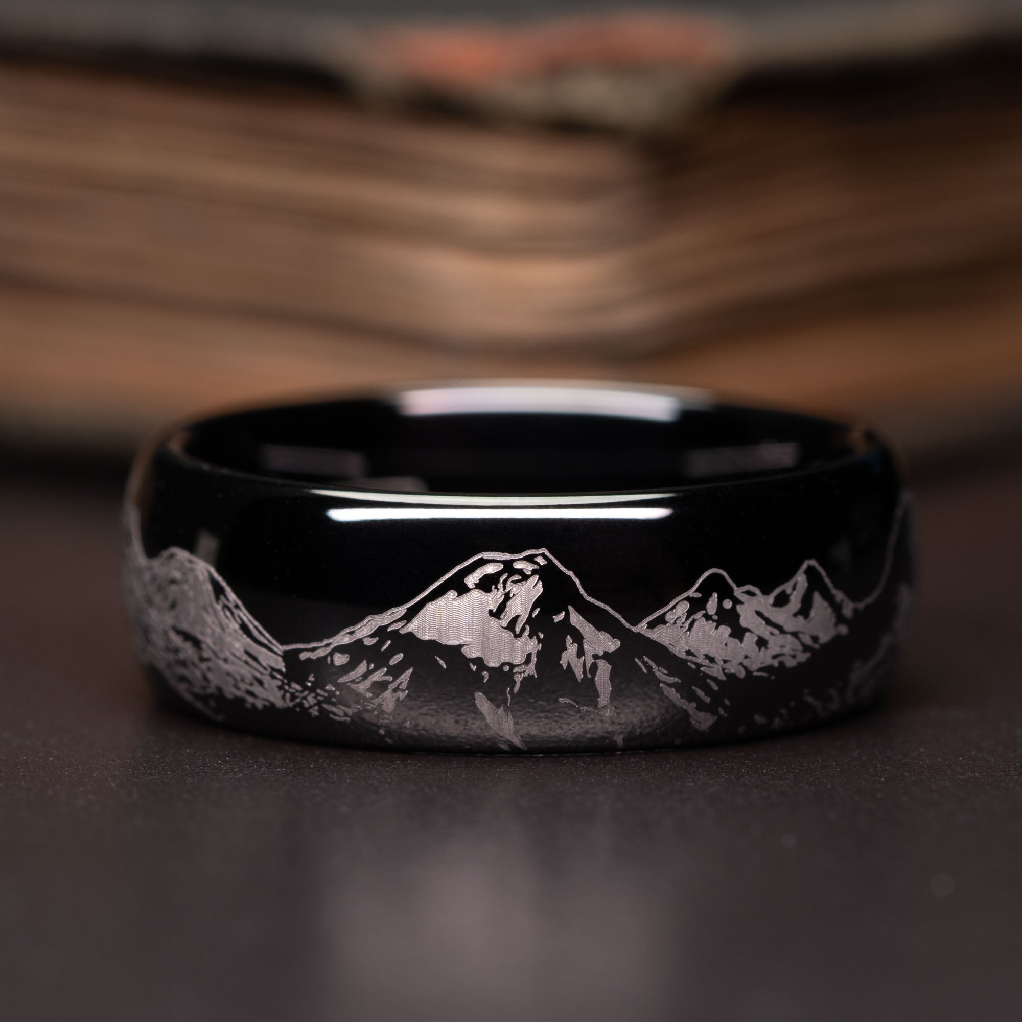 Black Domed Tungsten Engraved Cascade Range | Pacific Northwest Mountain Ring