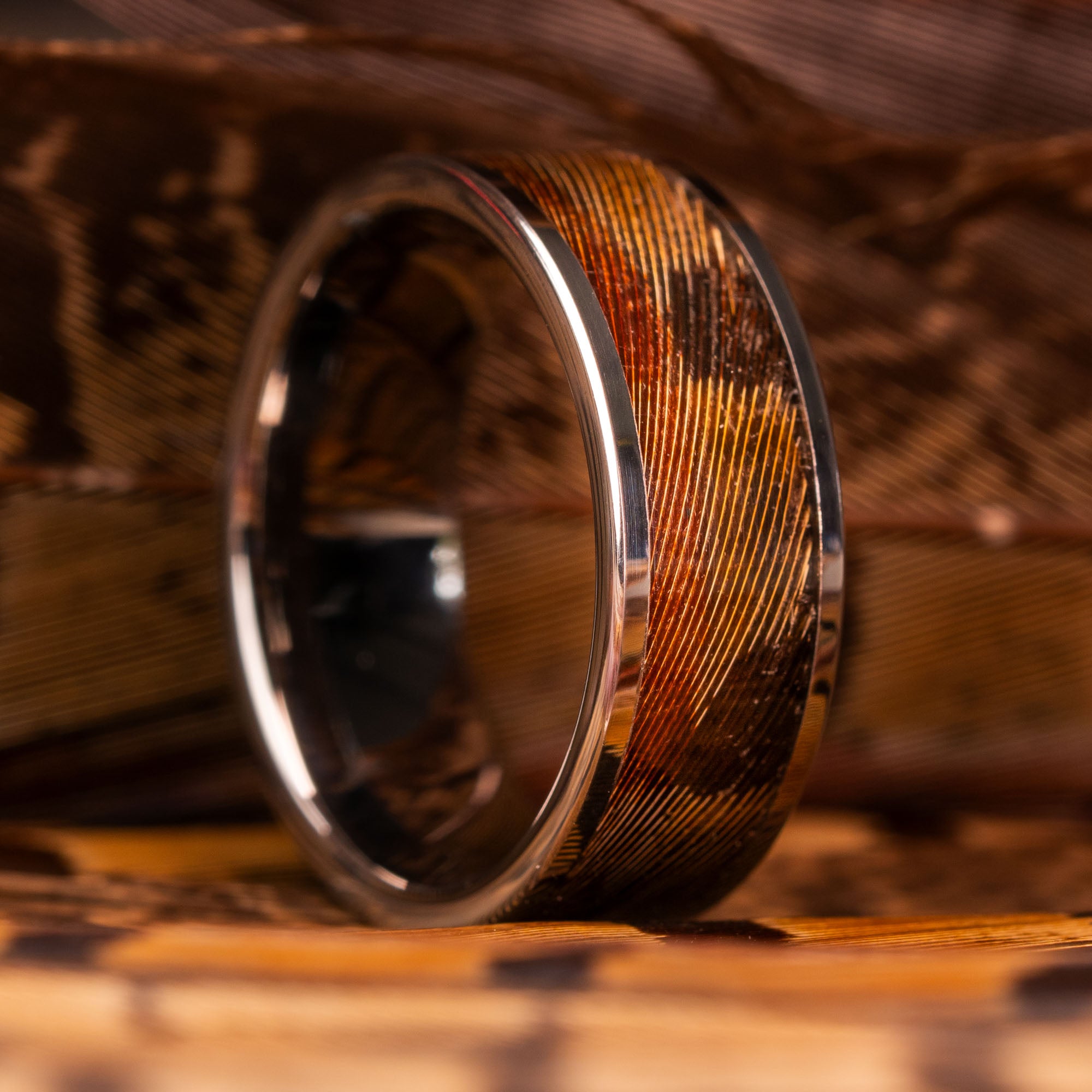 Tungsten Pheasant Feather Inlay Ring