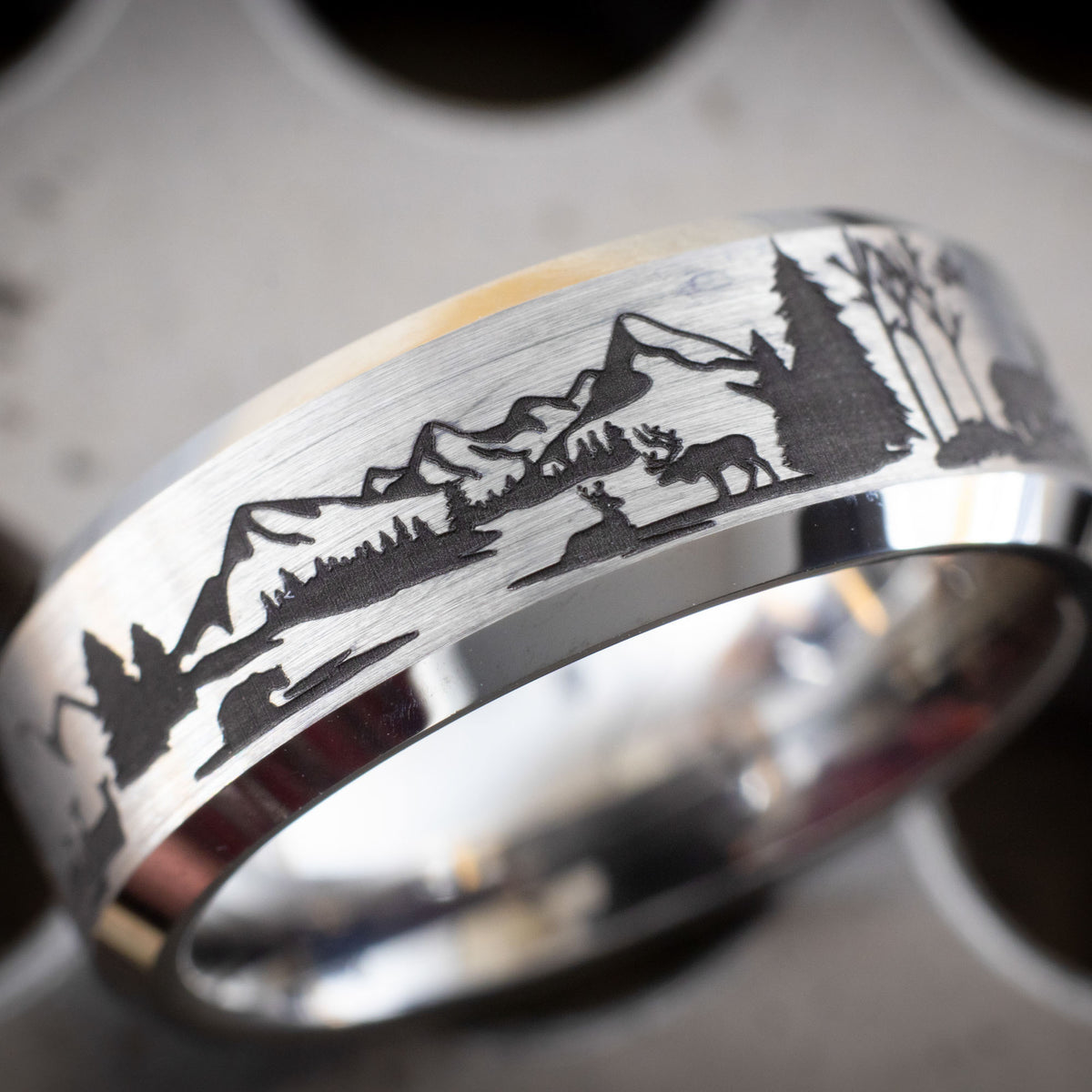 Beveled Tungsten Engraved Range Wildlife Ring | Honest Hands Ring Co