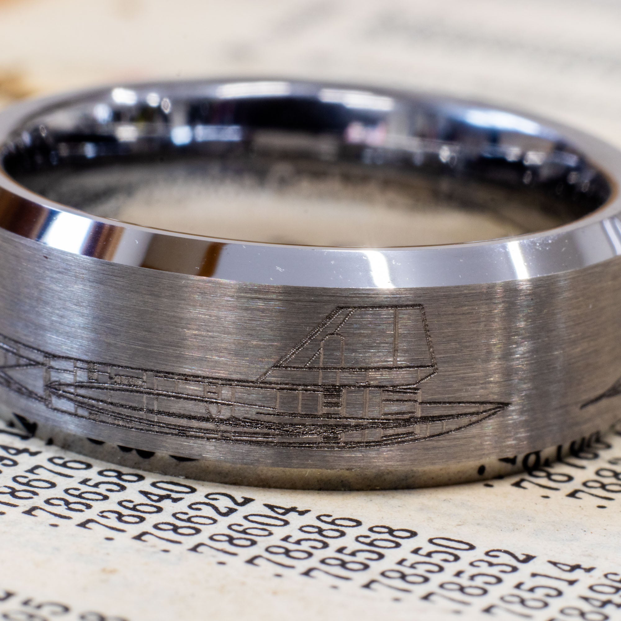 Beveled Tungsten Engraved SR71 Blackbird Ring