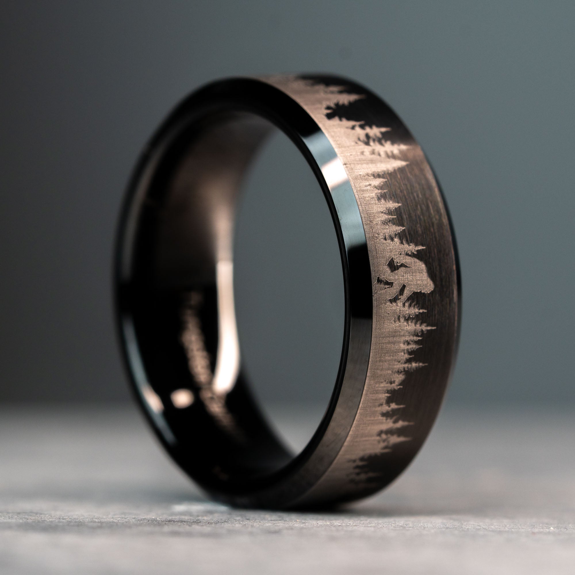 Black Beveled Tungsten Engraved Sasquatch Sighting Ring