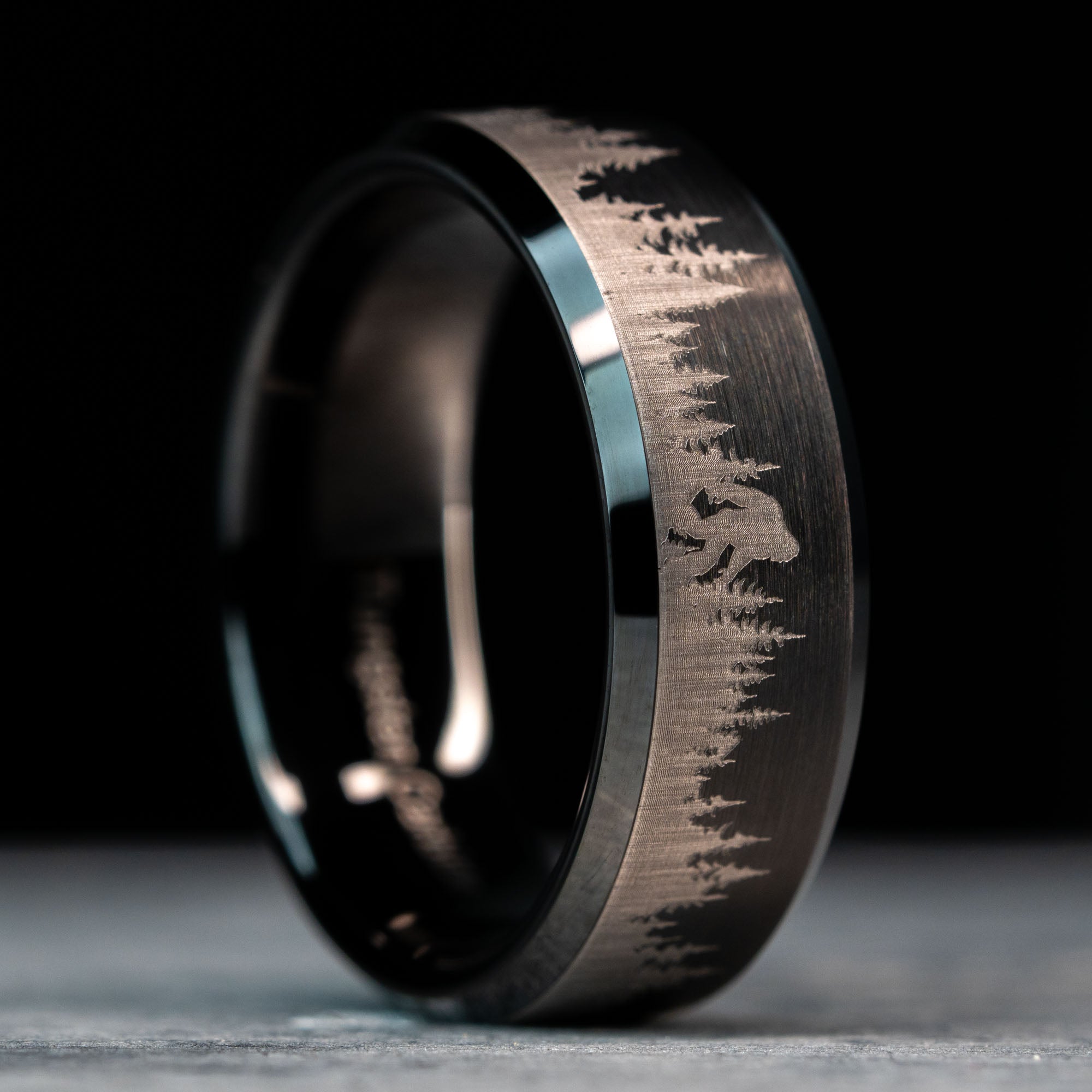 Black Beveled Tungsten Engraved Sasquatch Sighting Ring