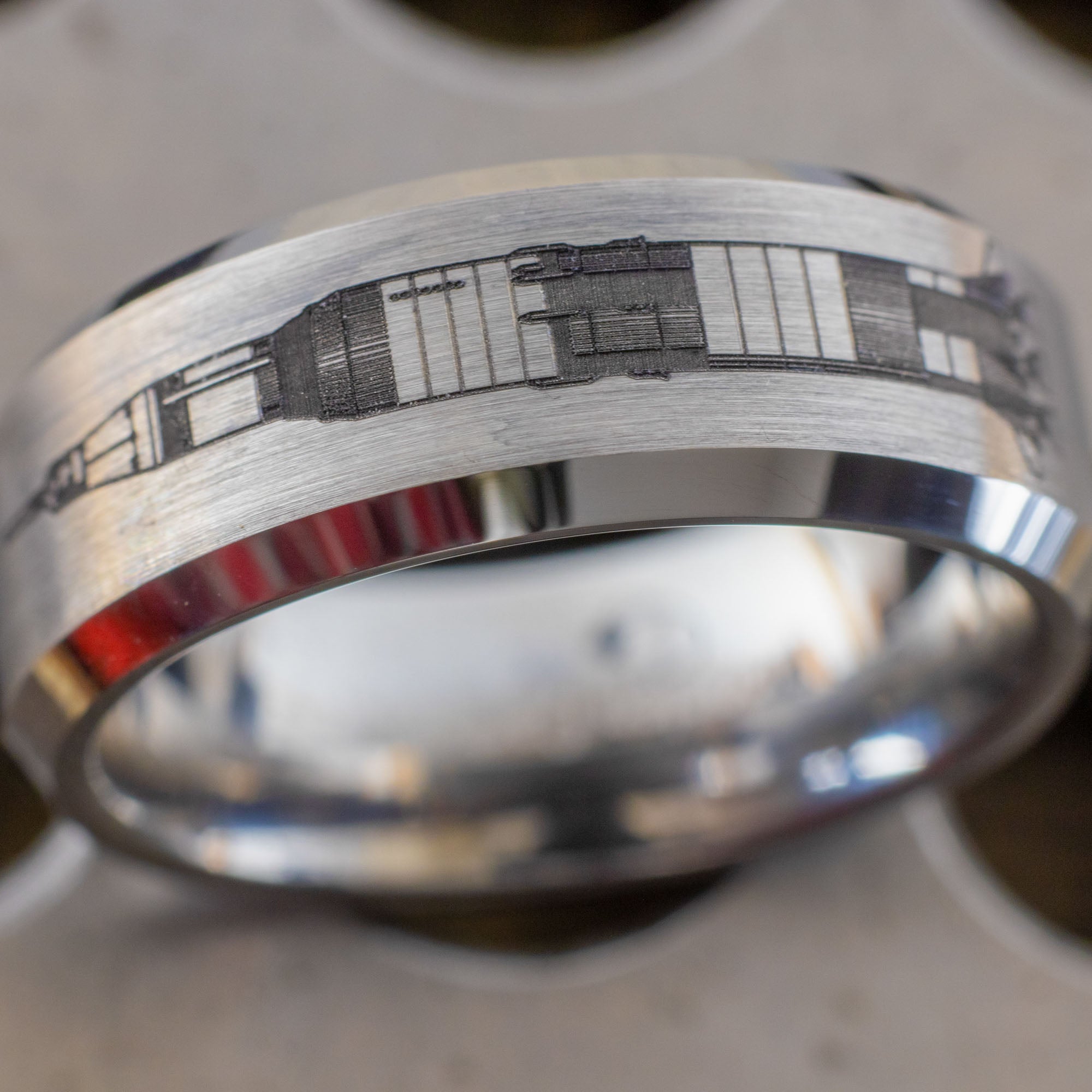 Beveled Tungsten Engraved Saturn 5 Rocket Ring