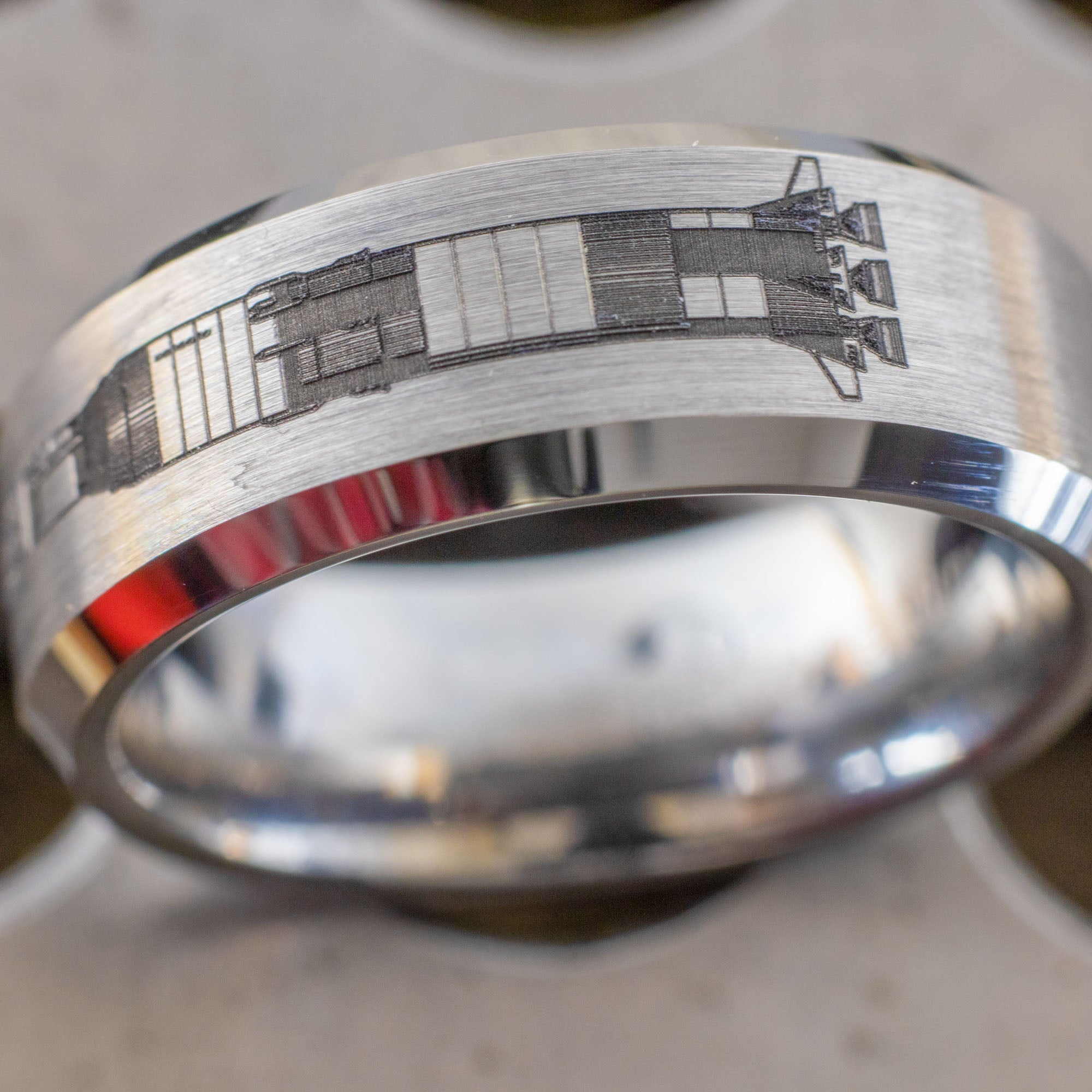 Beveled Tungsten Engraved Saturn 5 Rocket Ring