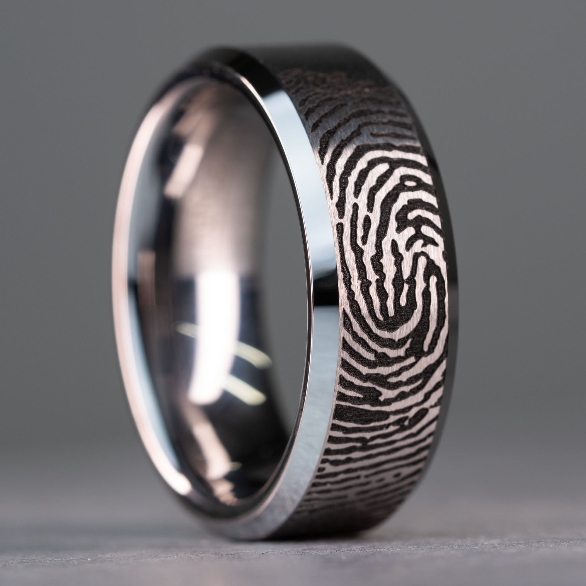 Beveled Tungsten Engraved Custom Finger Print Ring