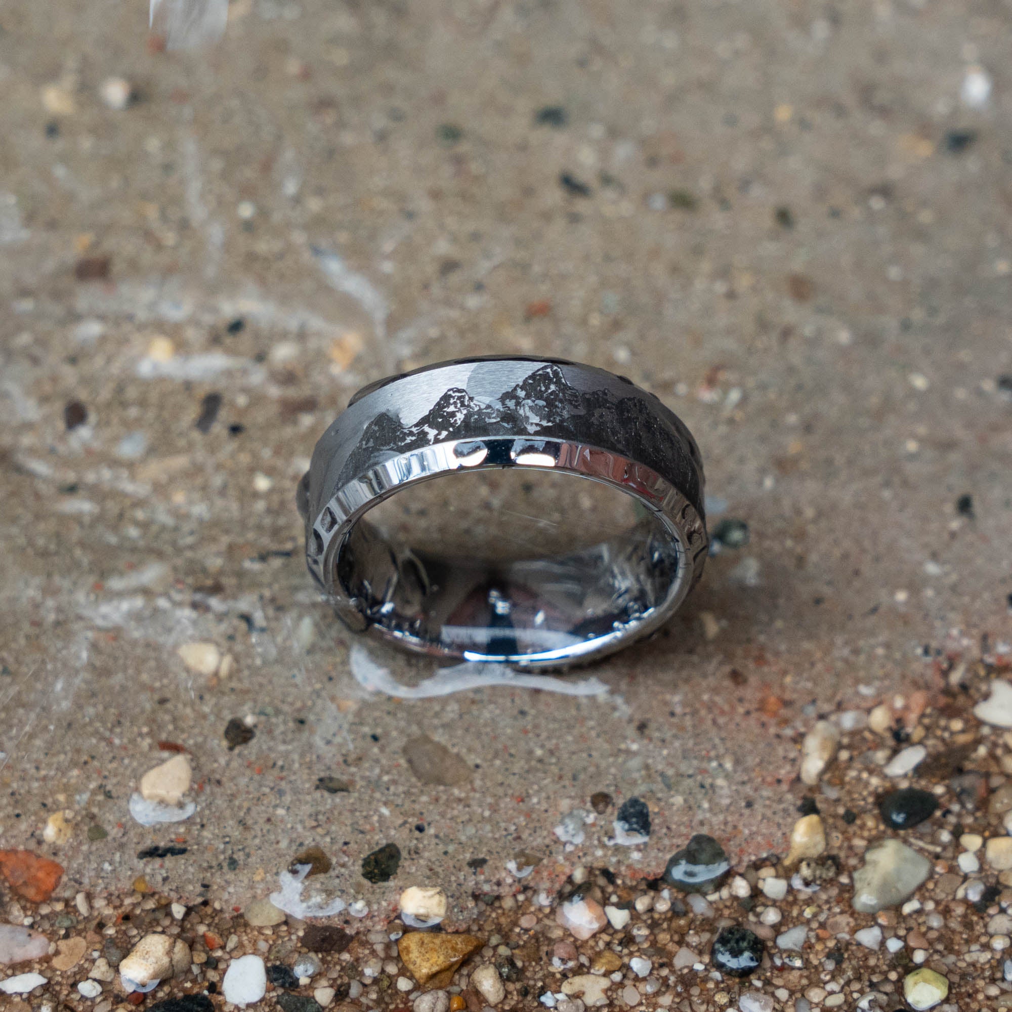 Beveled Tungsten Engraved Grand Tetons Ring | Honest Hands Ring Co