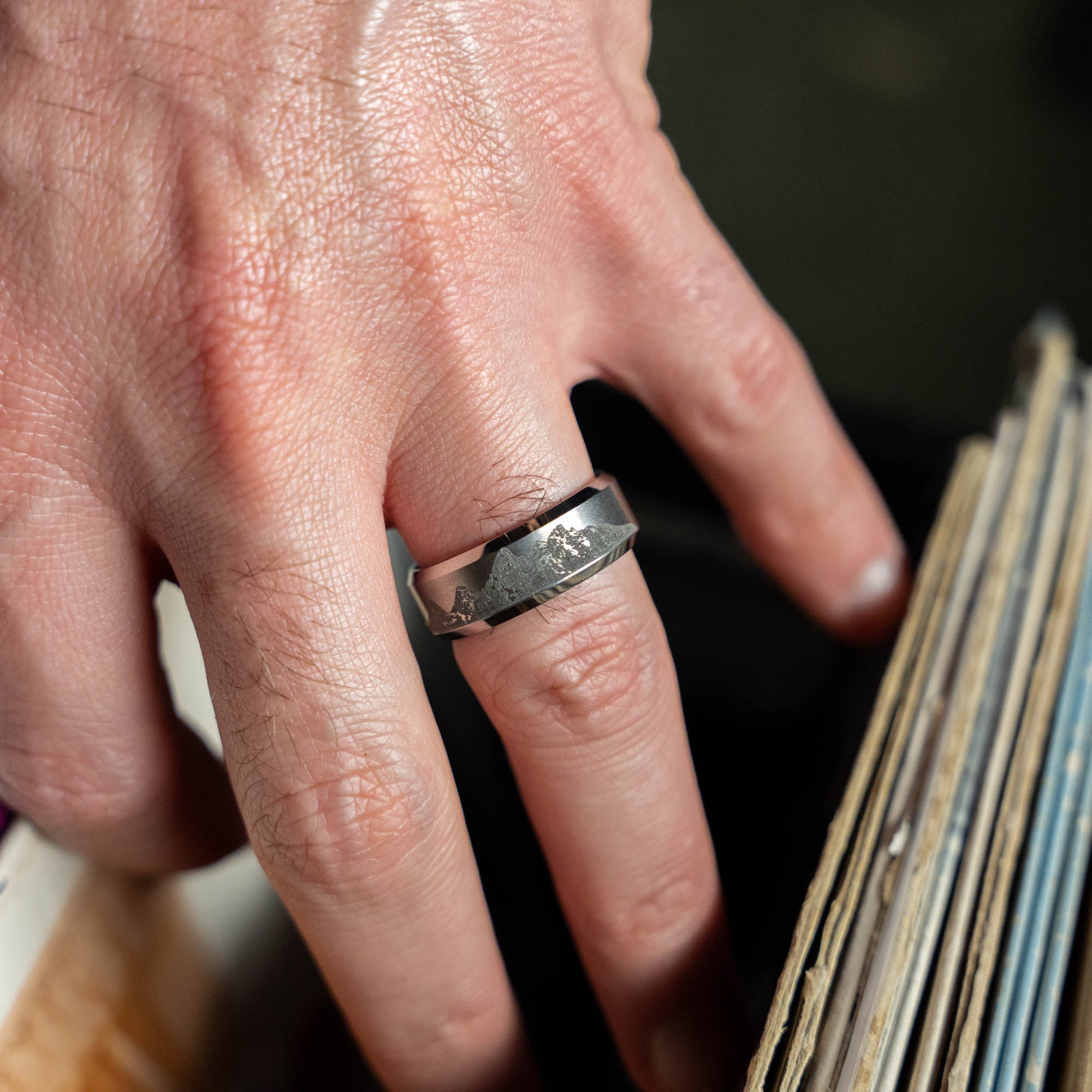 Beveled Tungsten Engraved Grand Tetons Ring | Honest Hands Ring Co