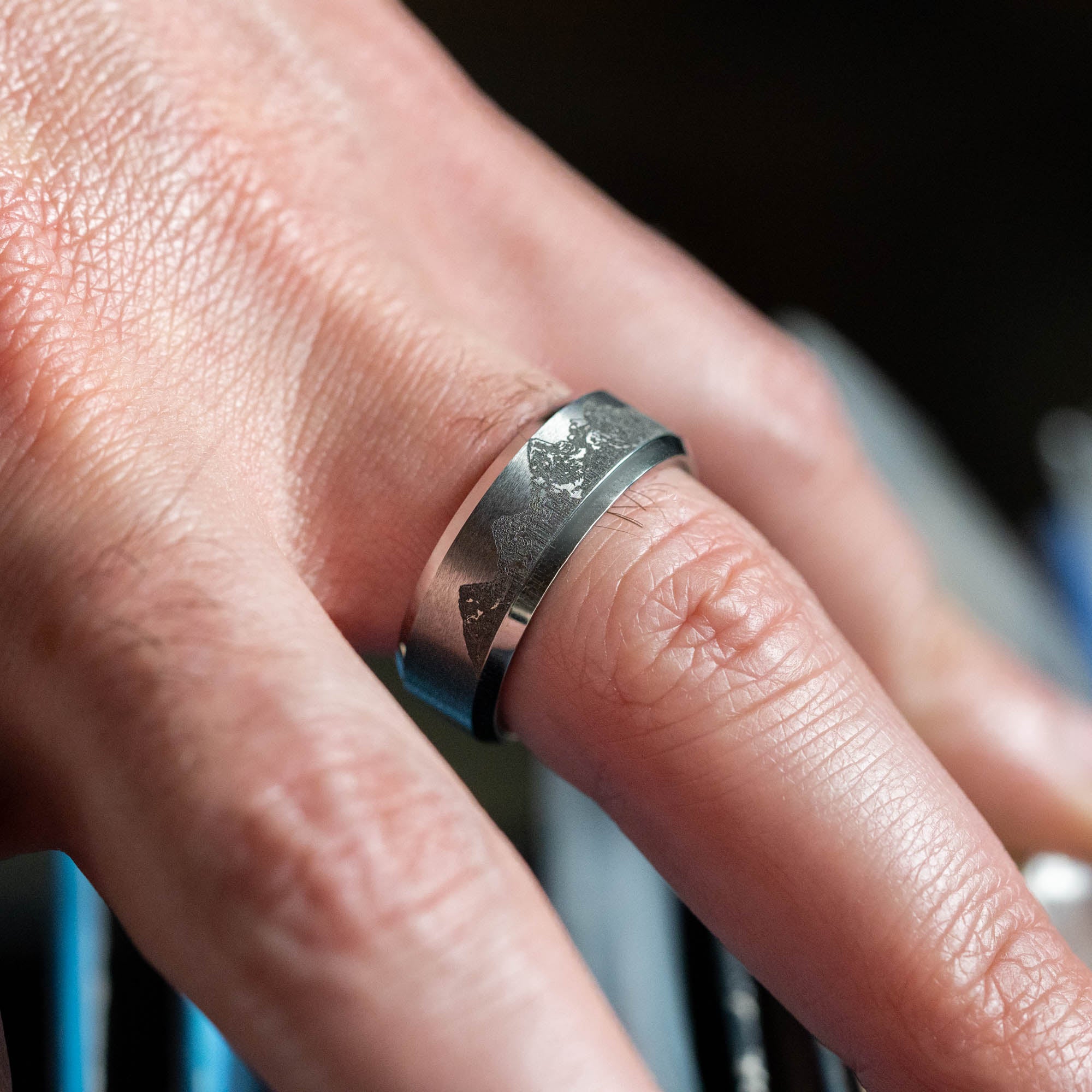 Beveled Tungsten Engraved Grand Tetons Ring