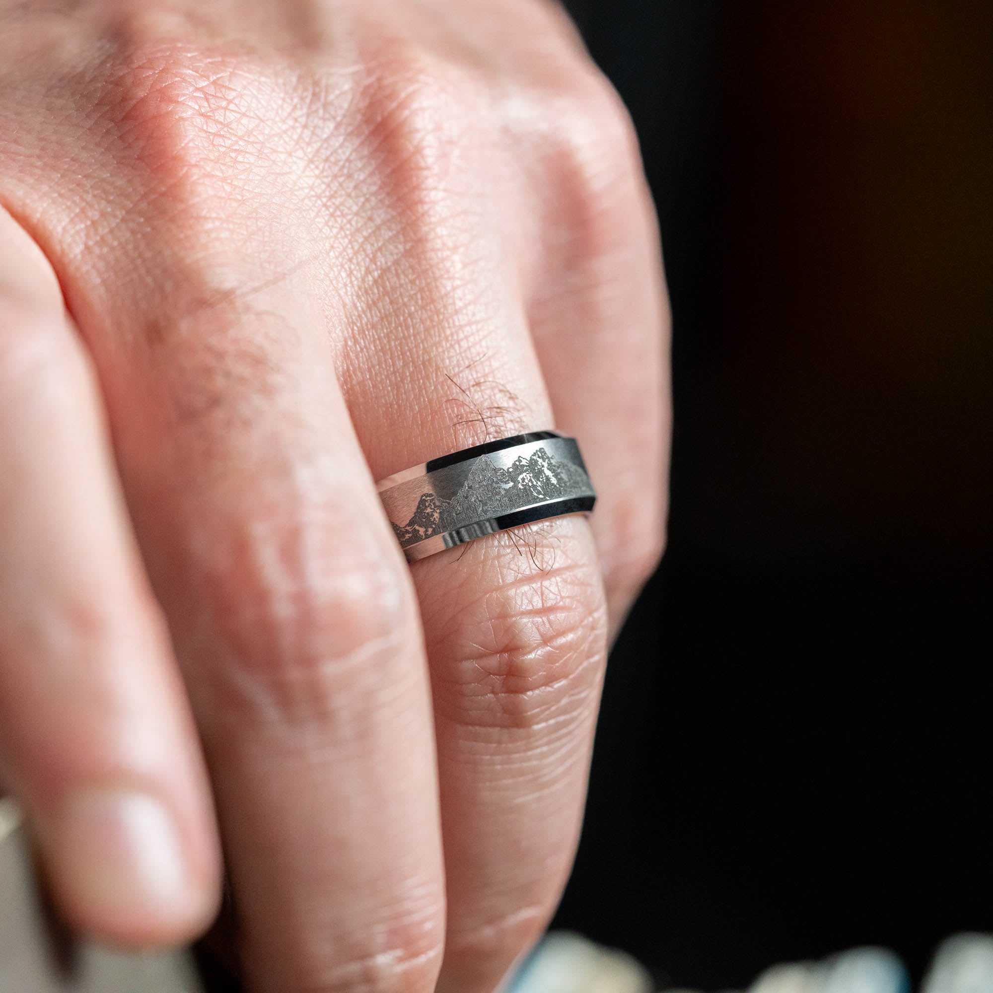 Beveled Tungsten Engraved Grand Tetons Ring
