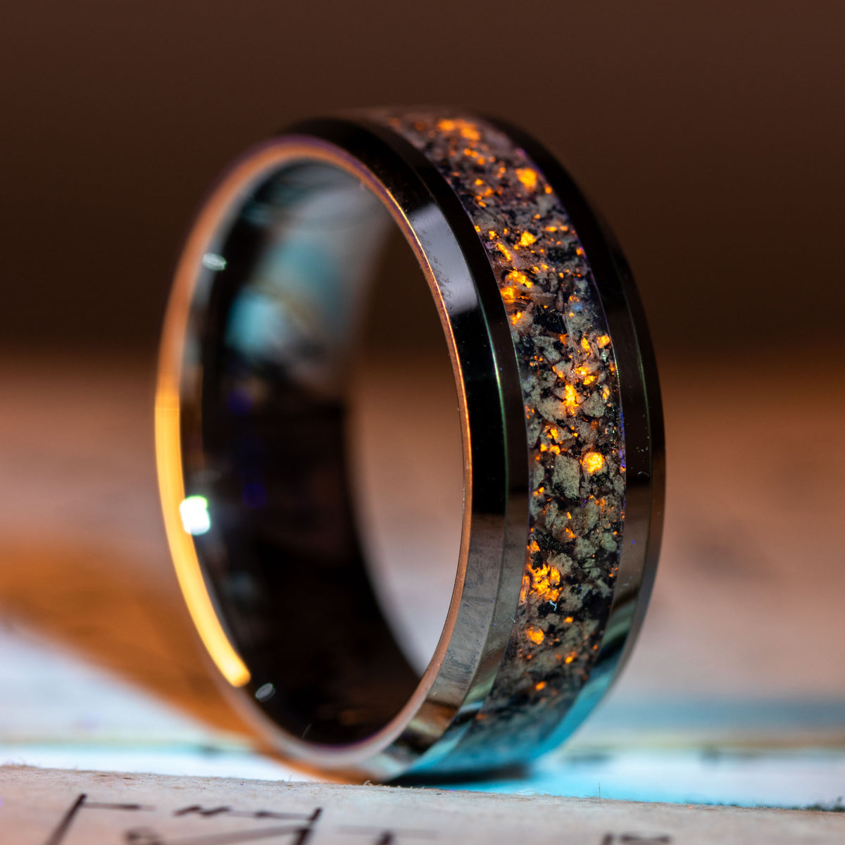 Glow Stone Rings Beveled Tungsten Yooper Glow Stone Inlay Ring