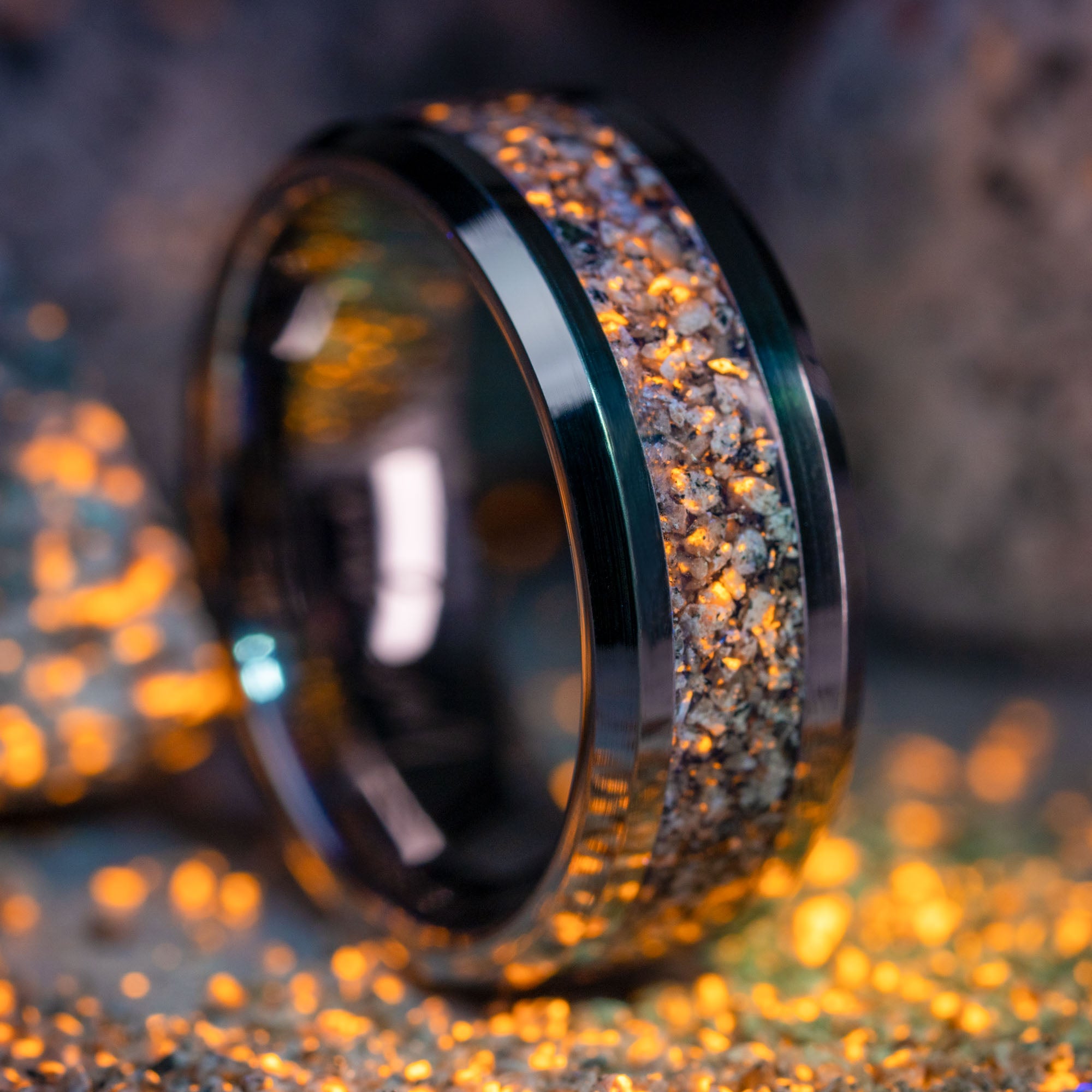 Beveled Tungsten Yooper Glow Stone Inlay Ring