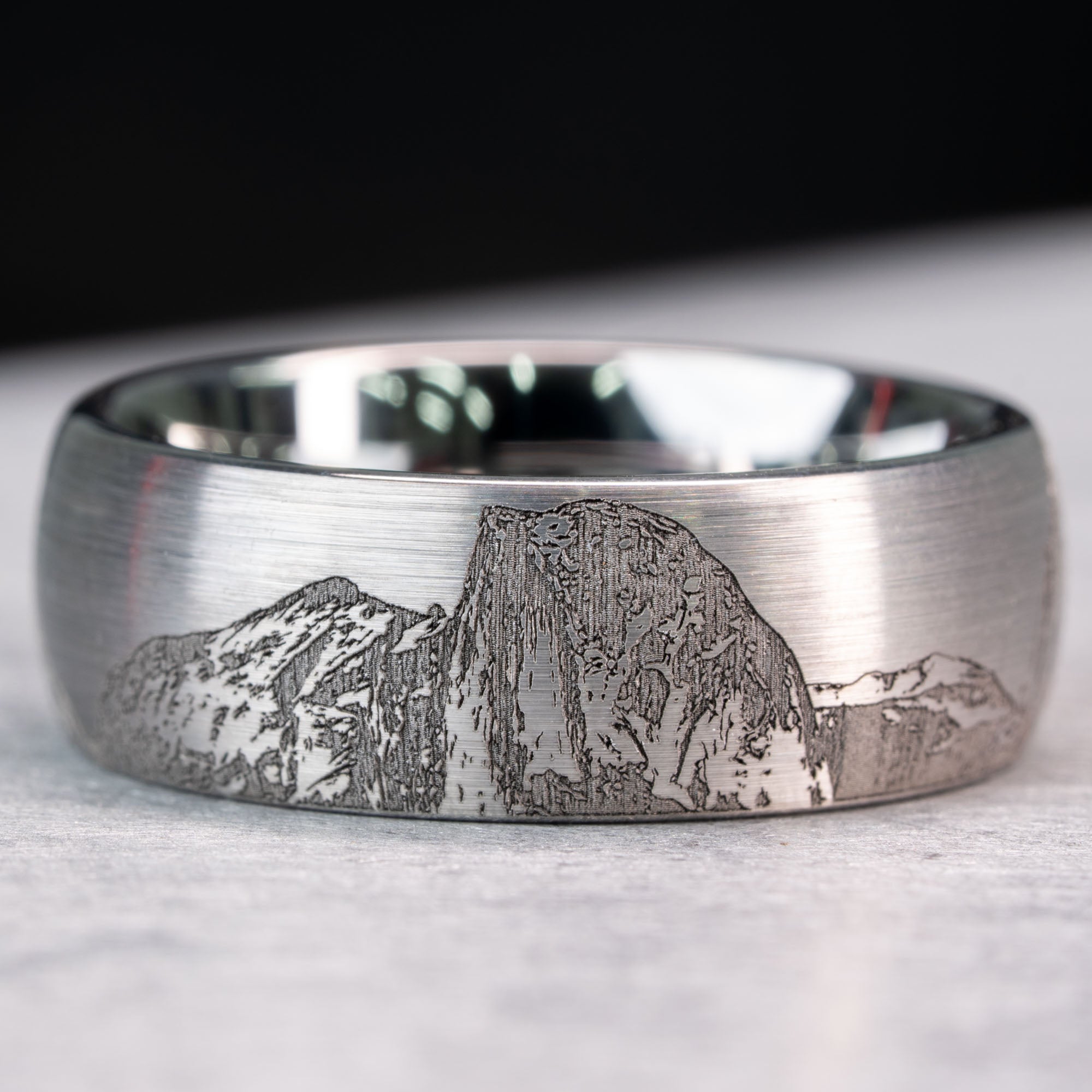 Domed Tungsten Engraved Yosemite Half Dome Ring