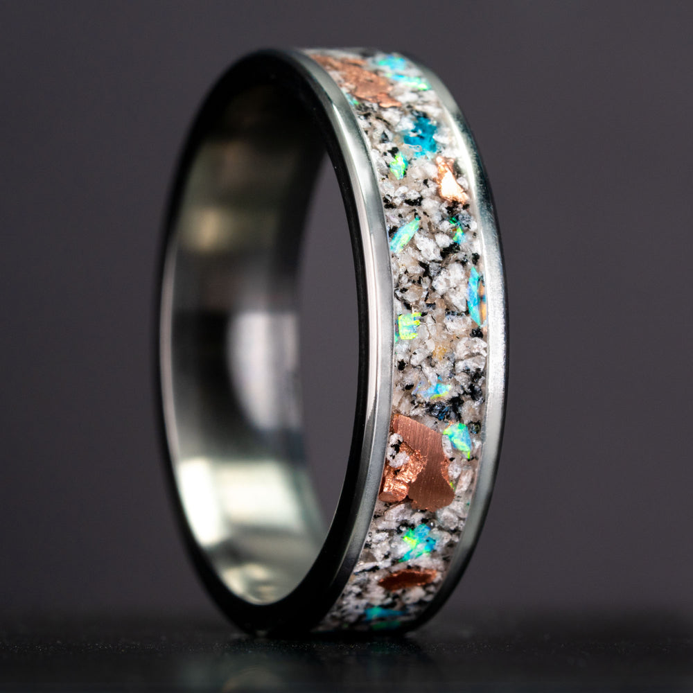 Titanium Yooper Glow Stone Copper & Opal Inlay Ring | Honest Hands Ring Co