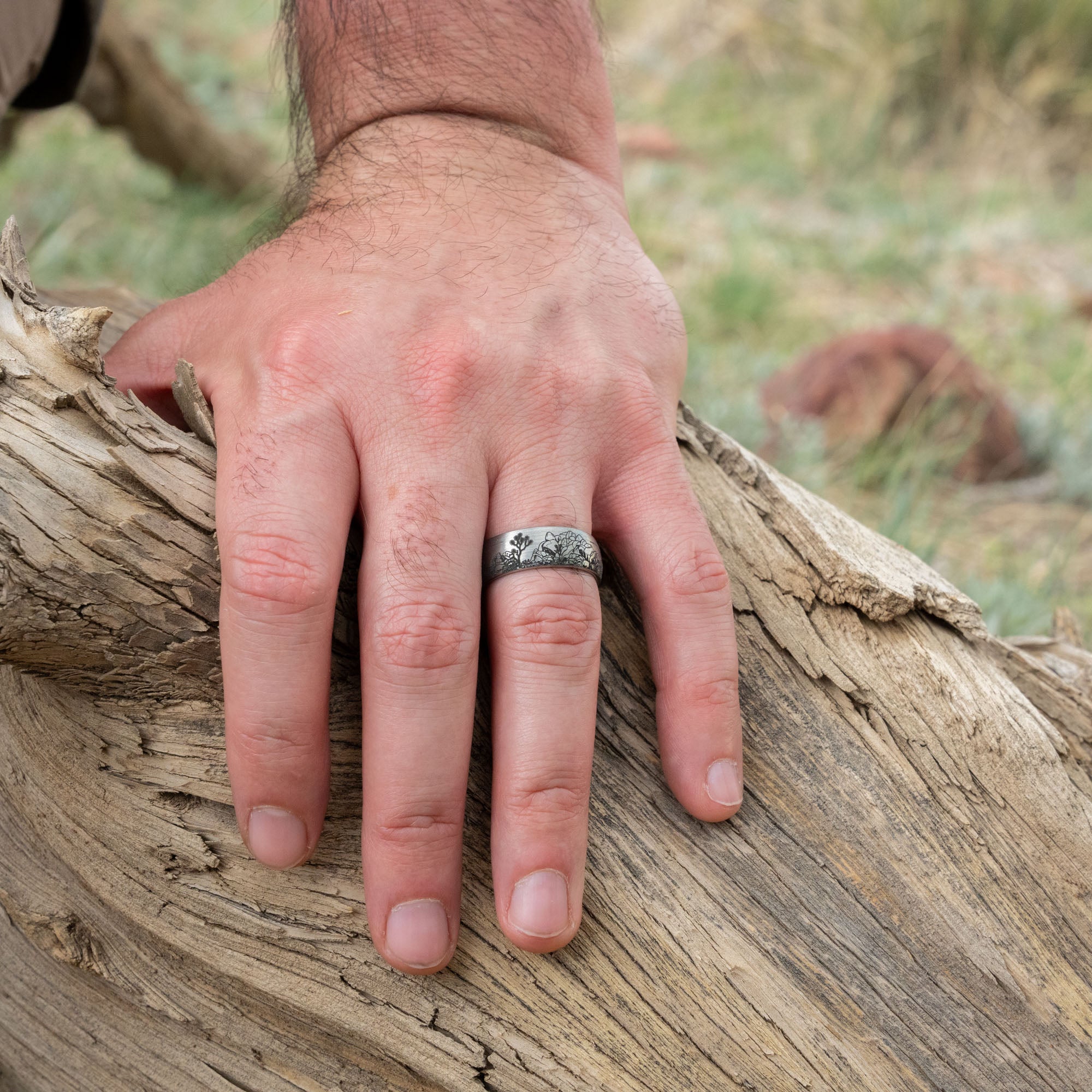 Domed Tungsten Engraved Joshua Tree National Park Ring