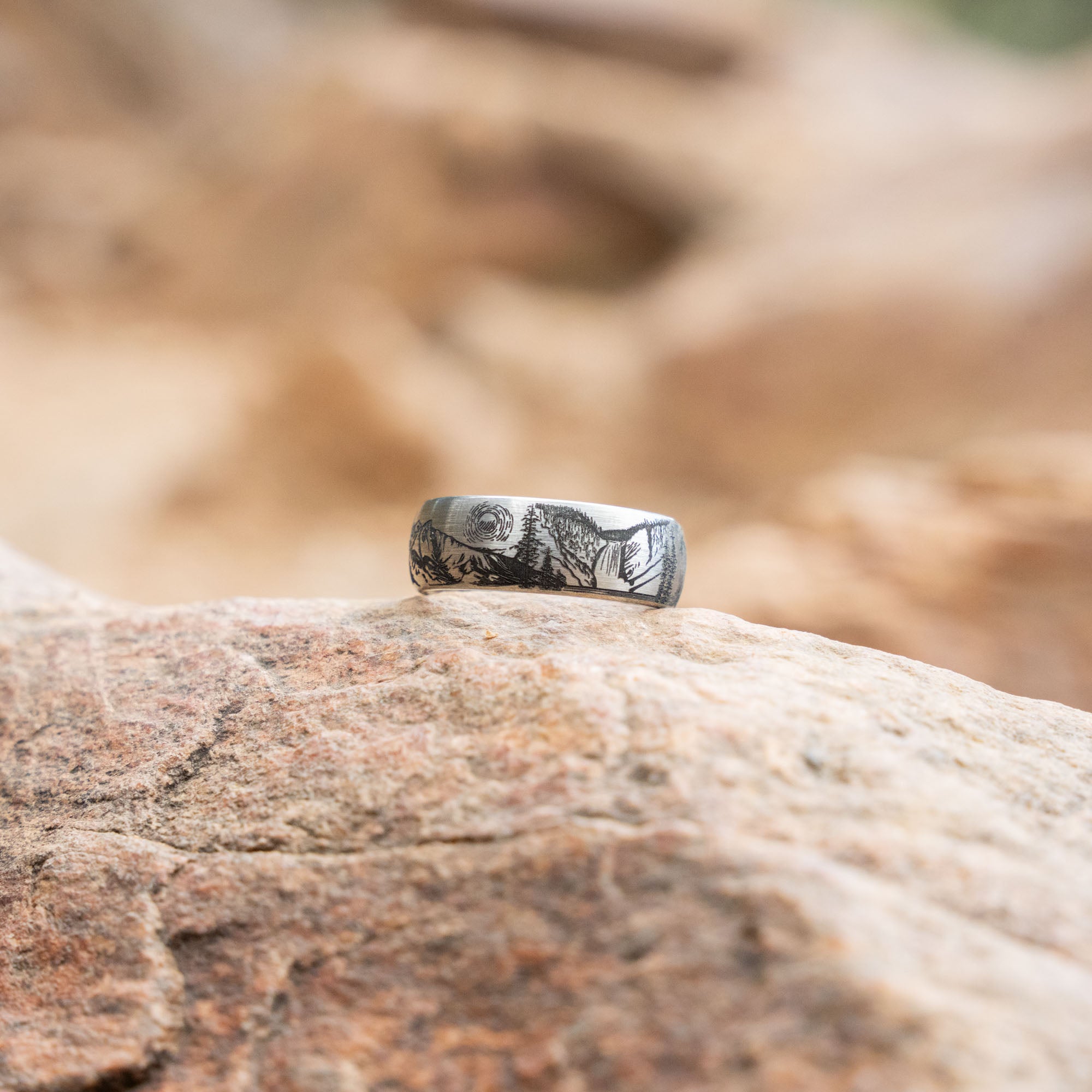 Domed Tungsten Engraved Yellowstone National Park Ring