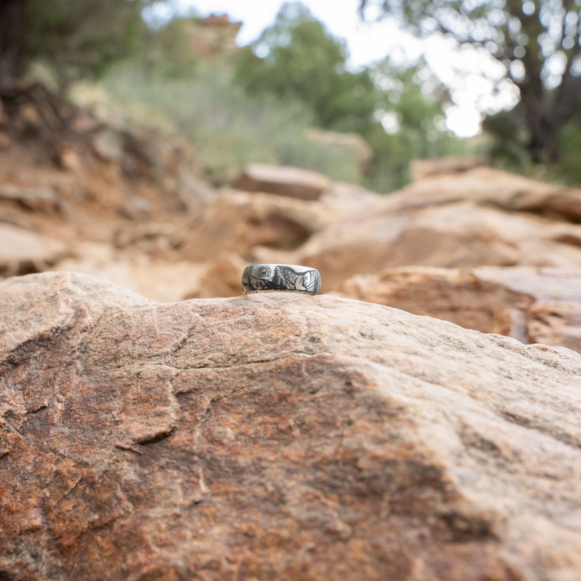 Domed Tungsten Engraved Yellowstone National Park Ring