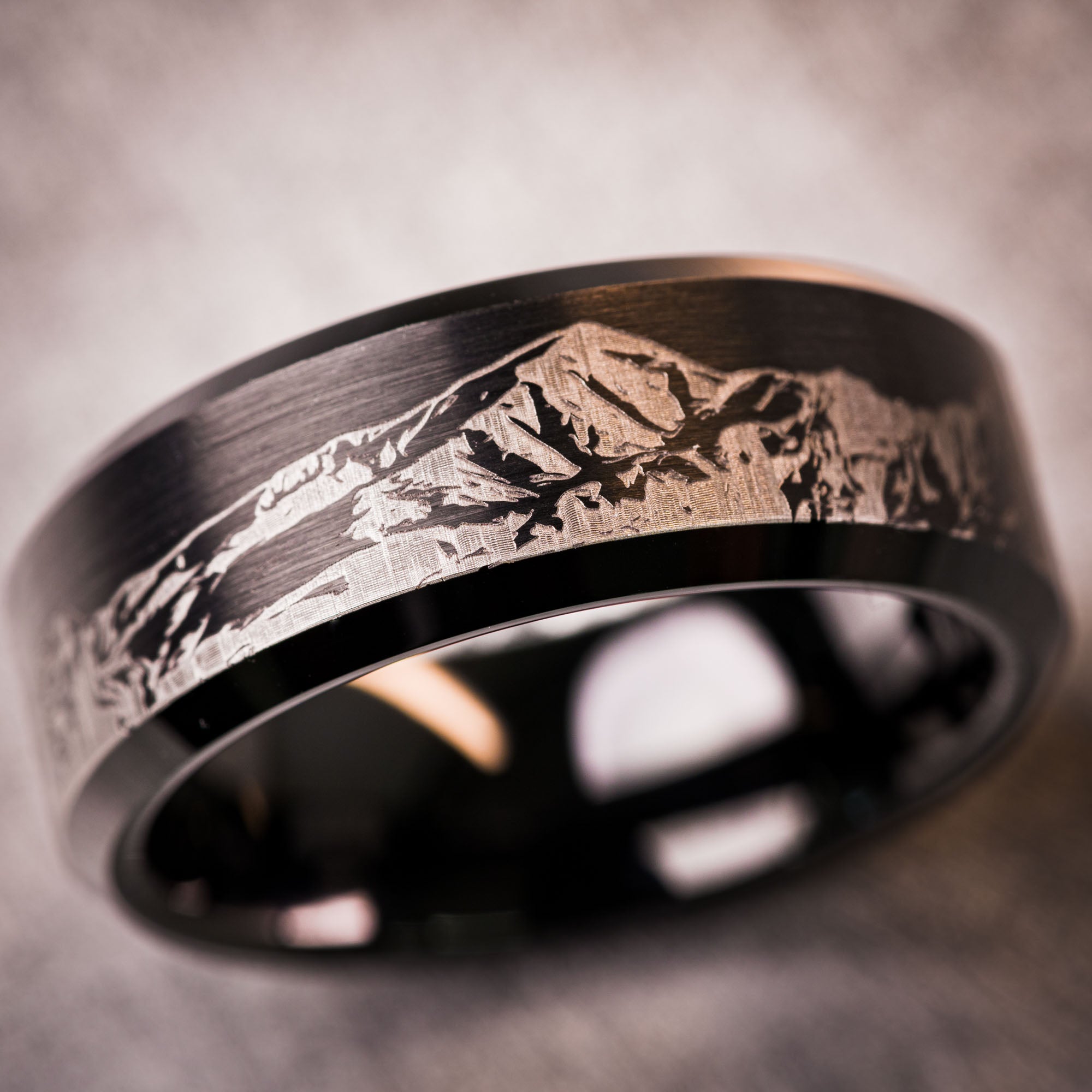 Black Beveled Tungsten Engraved Colorado 14er Ring